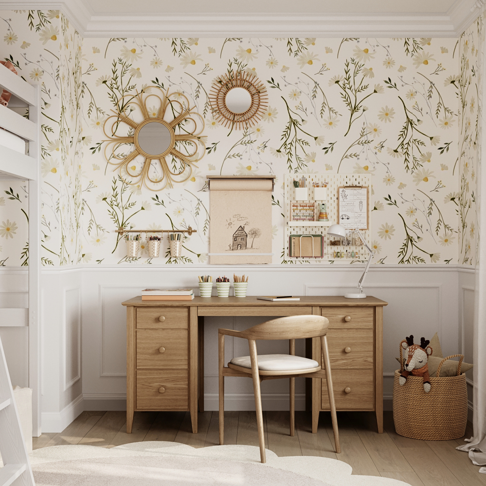 Bureau 6S chêne naturel – en chêne, plateau large, vue frontale, Nizio