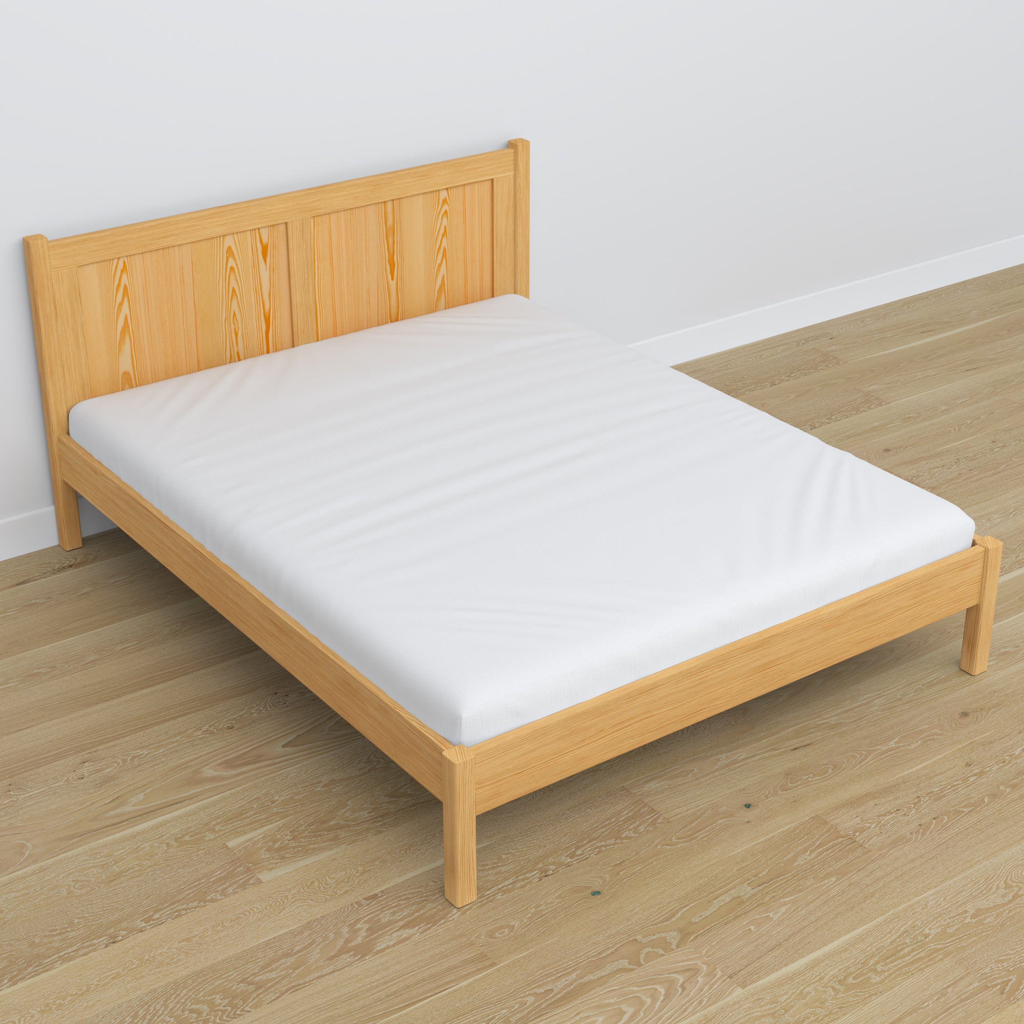 Tweepersoonsbed naturel grenen in de slaapkamer – inrichting met beddengoed, scandi stijl