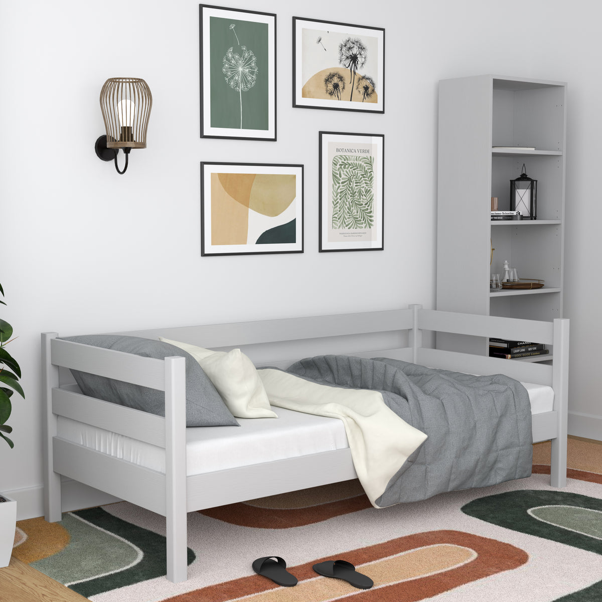 Slaapbank grijs in kinderkamer – scandi inrichting, houten
