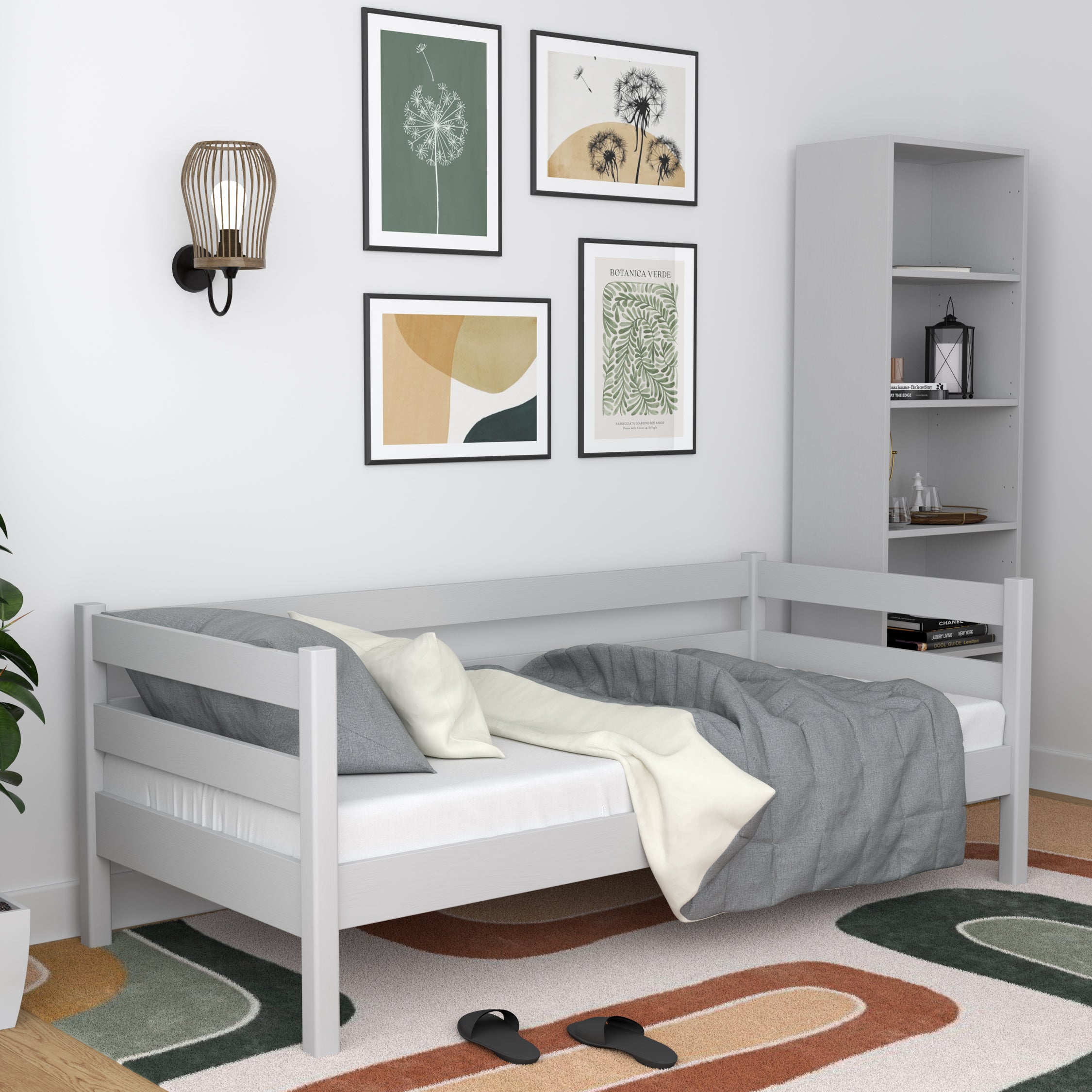 Slaapbank grijs in kinderkamer – scandi inrichting, houten