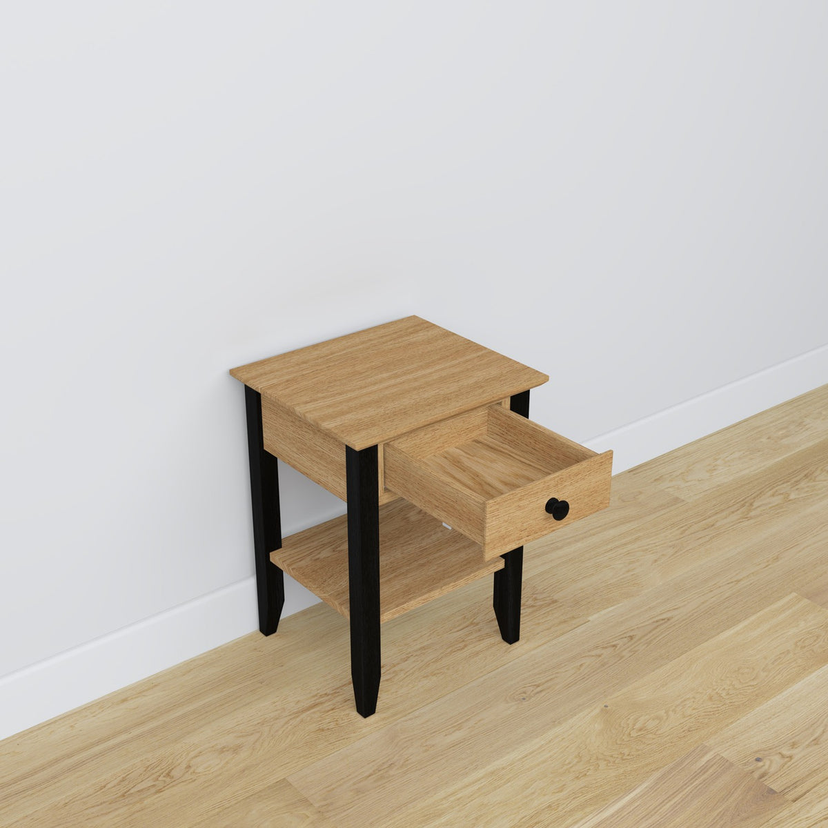 Table de chevet N01 en chêne chêne naturel avec noir – tiroir ouvert, rangement près du lit