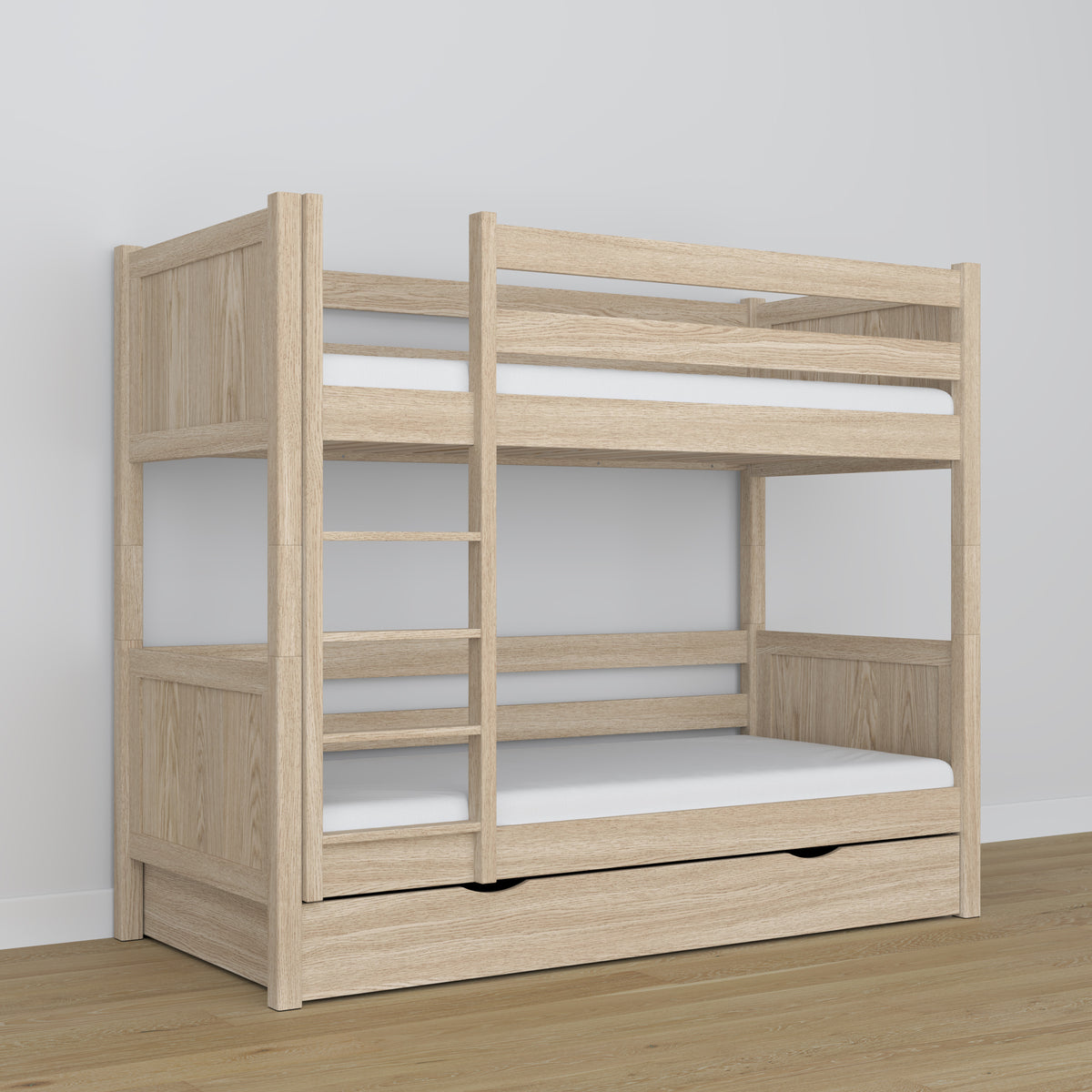 Stapelbed van eikenhout gewit eiken – details van verbindingen en ladder, kinderkamer