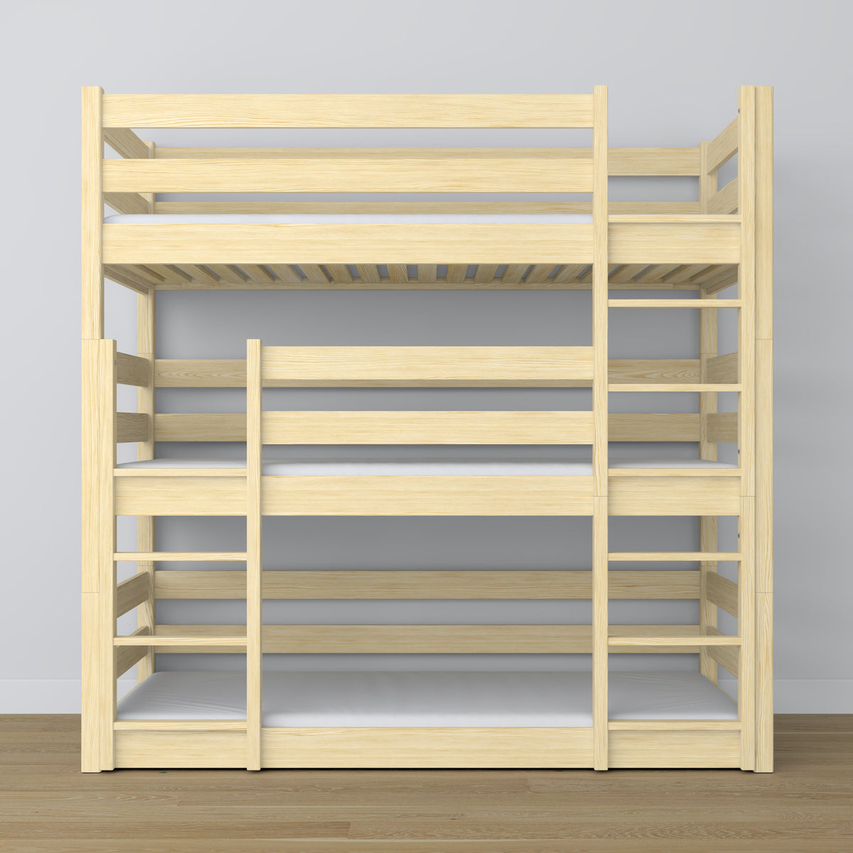 Drielaags stapelbed transparant grenen – ladder en veiligheidsranden, houten