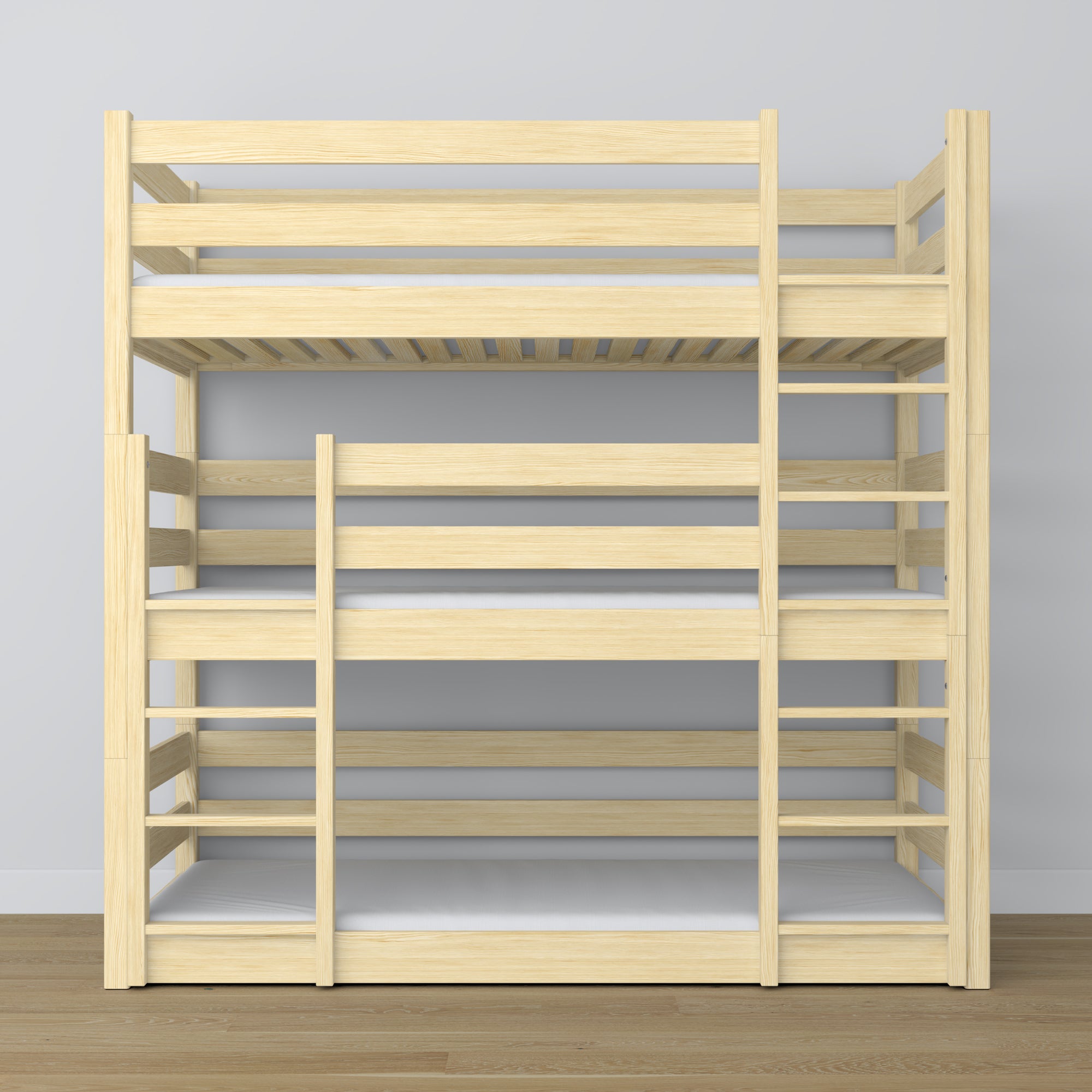 Drielaags stapelbed transparant grenen – ladder en veiligheidsranden, houten