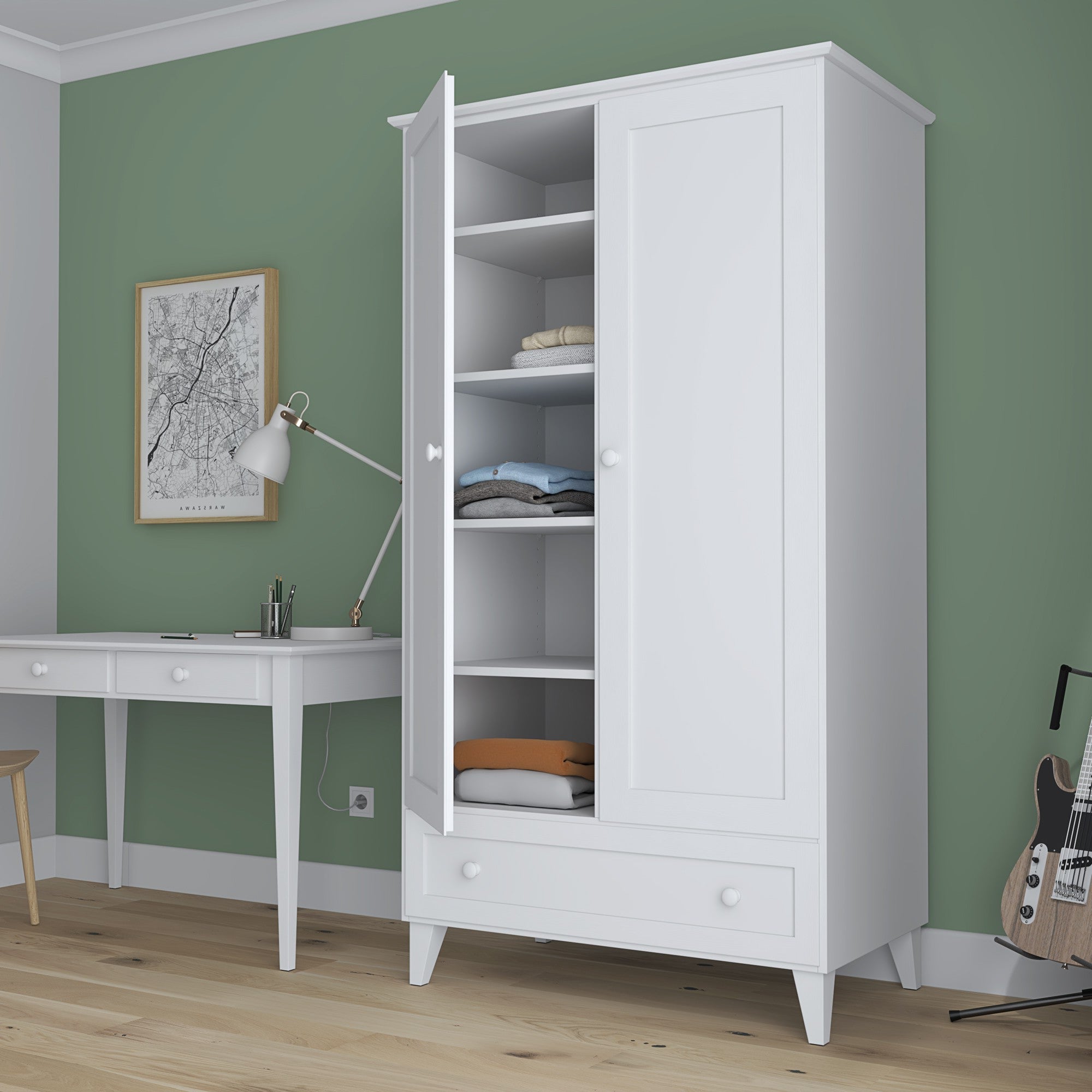 Kast 2D1S van hout wit – deuren open, kledingstang en interne planken