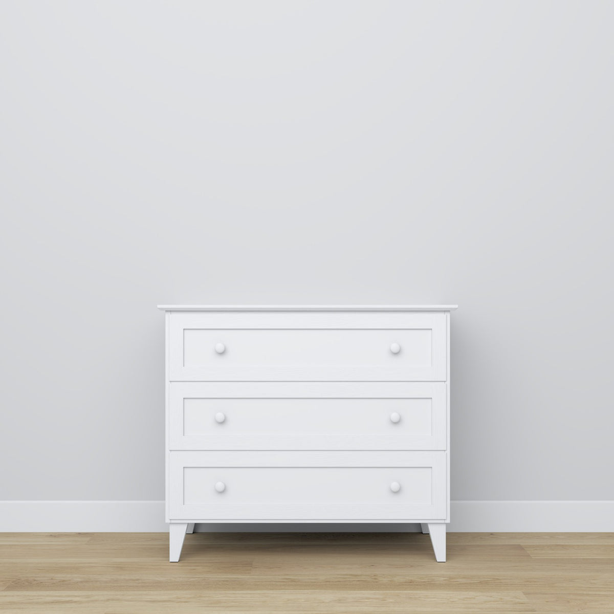 Chest of drawers 3S white – handle and drawer front, close-up of wooden finish