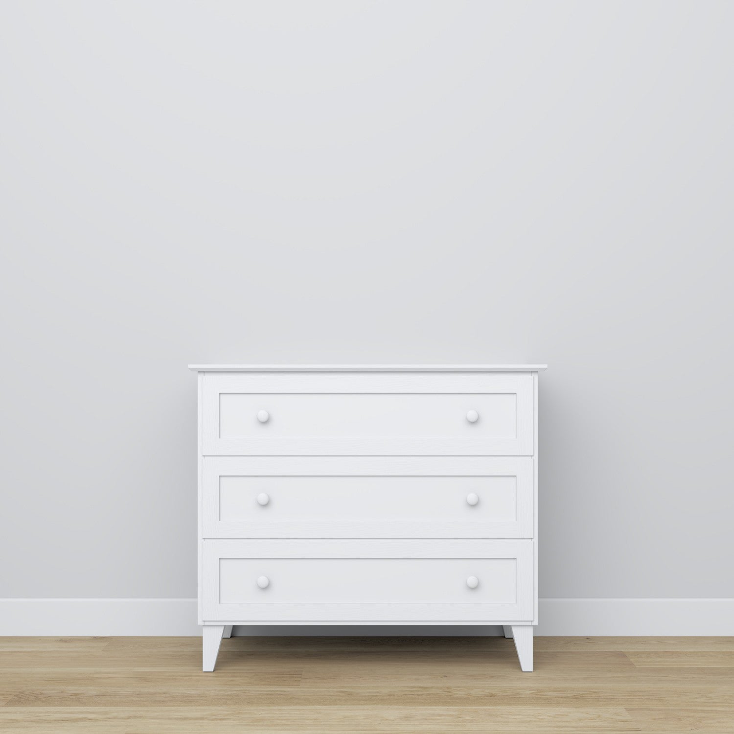 Chest of drawers 3S white – handle and drawer front, close-up of wooden finish