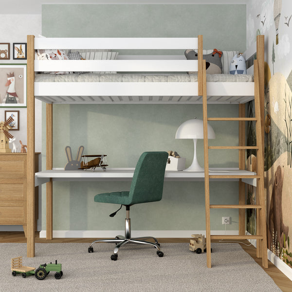 Lit mezzanine blanc-chêne avec bureau – espace d'apprentissage sous la chambre, en bois