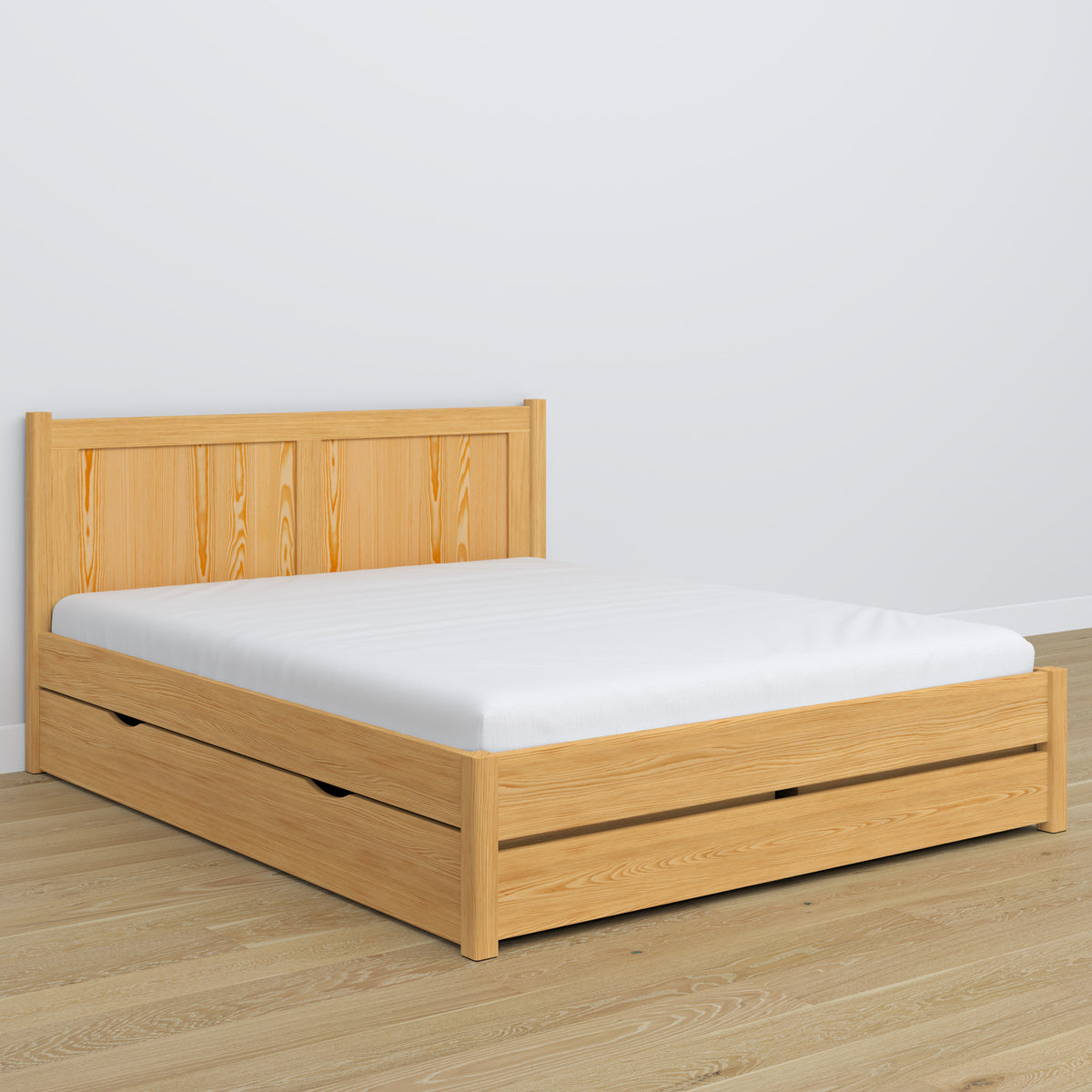 Tweepersoonsbed naturel grenen met lade – houten hoofdeinde, close-up
