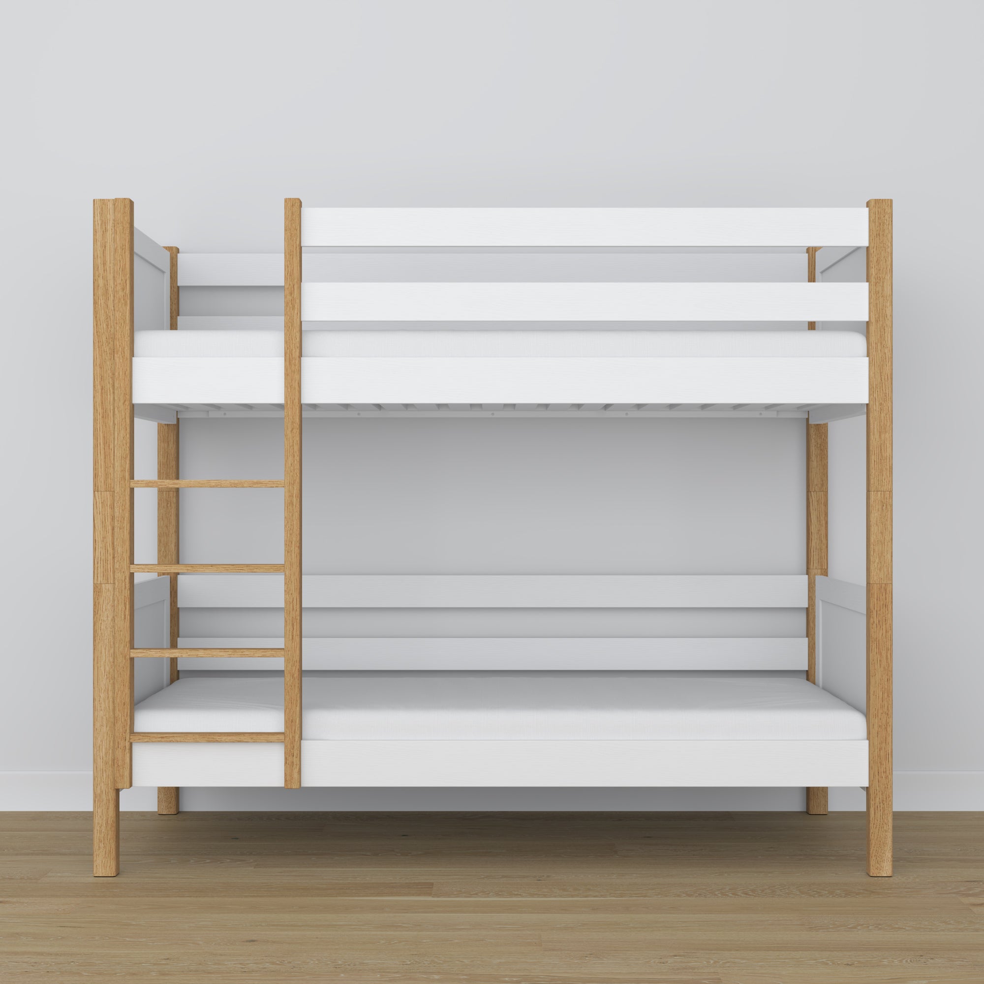 Stapelbed wit-eiken – houten ladder en valbescherming, Nizio Home