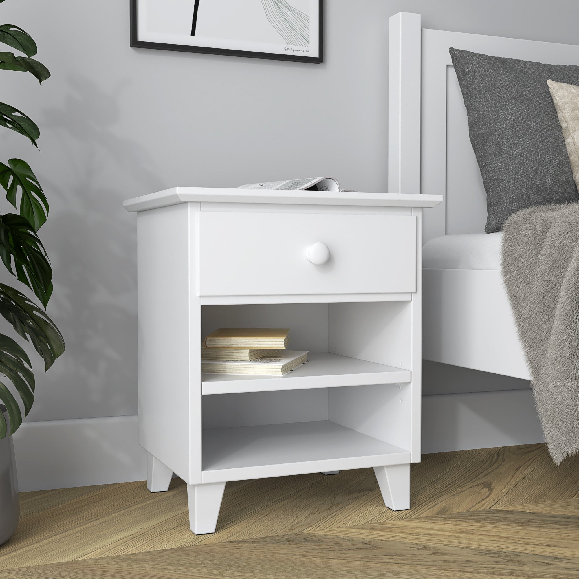 Nachtkastje N02 wit – houten, vooraanzicht, Nizio Home
