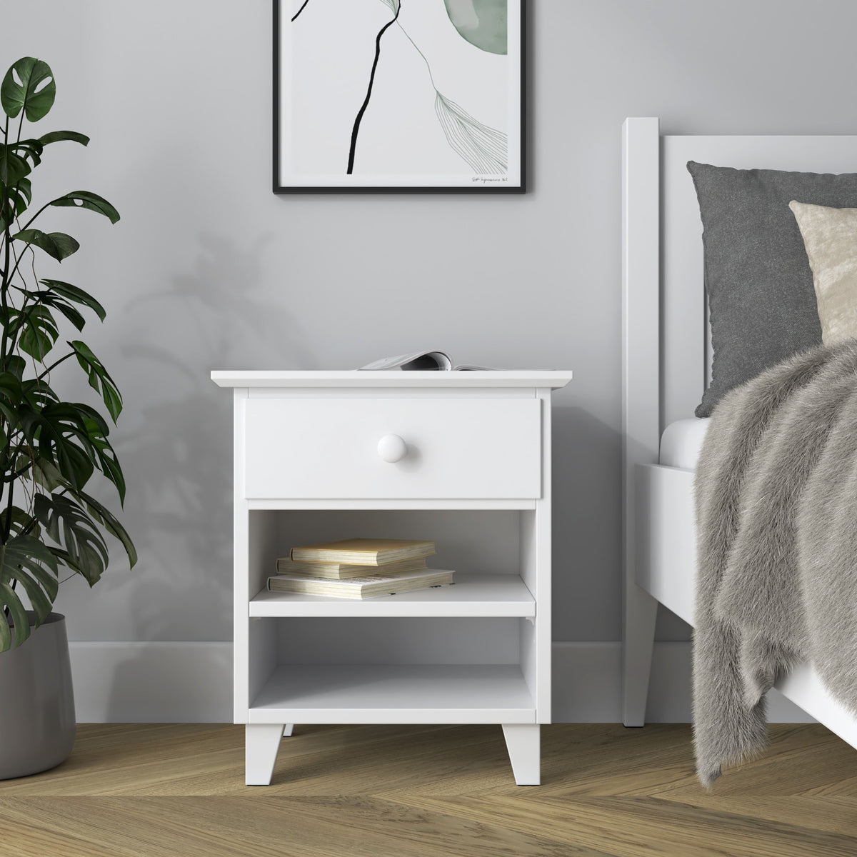 Nachtkastje N02 houten wit – lade open, opbergruimte naast het bed