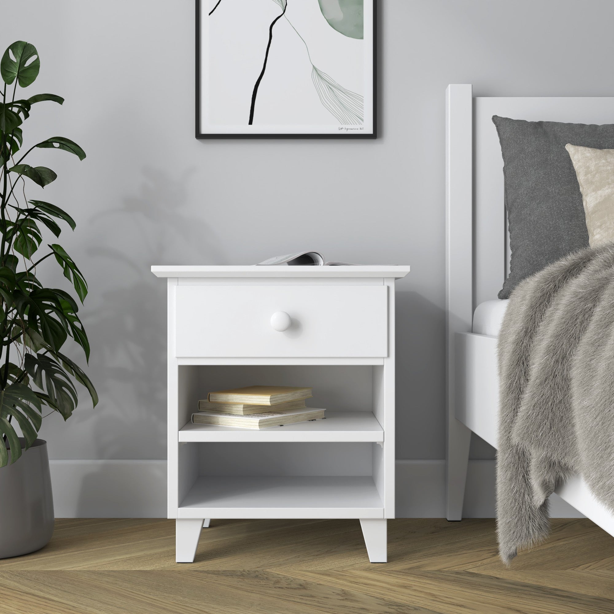 Nachtkastje N02 houten wit – lade open, opbergruimte naast het bed