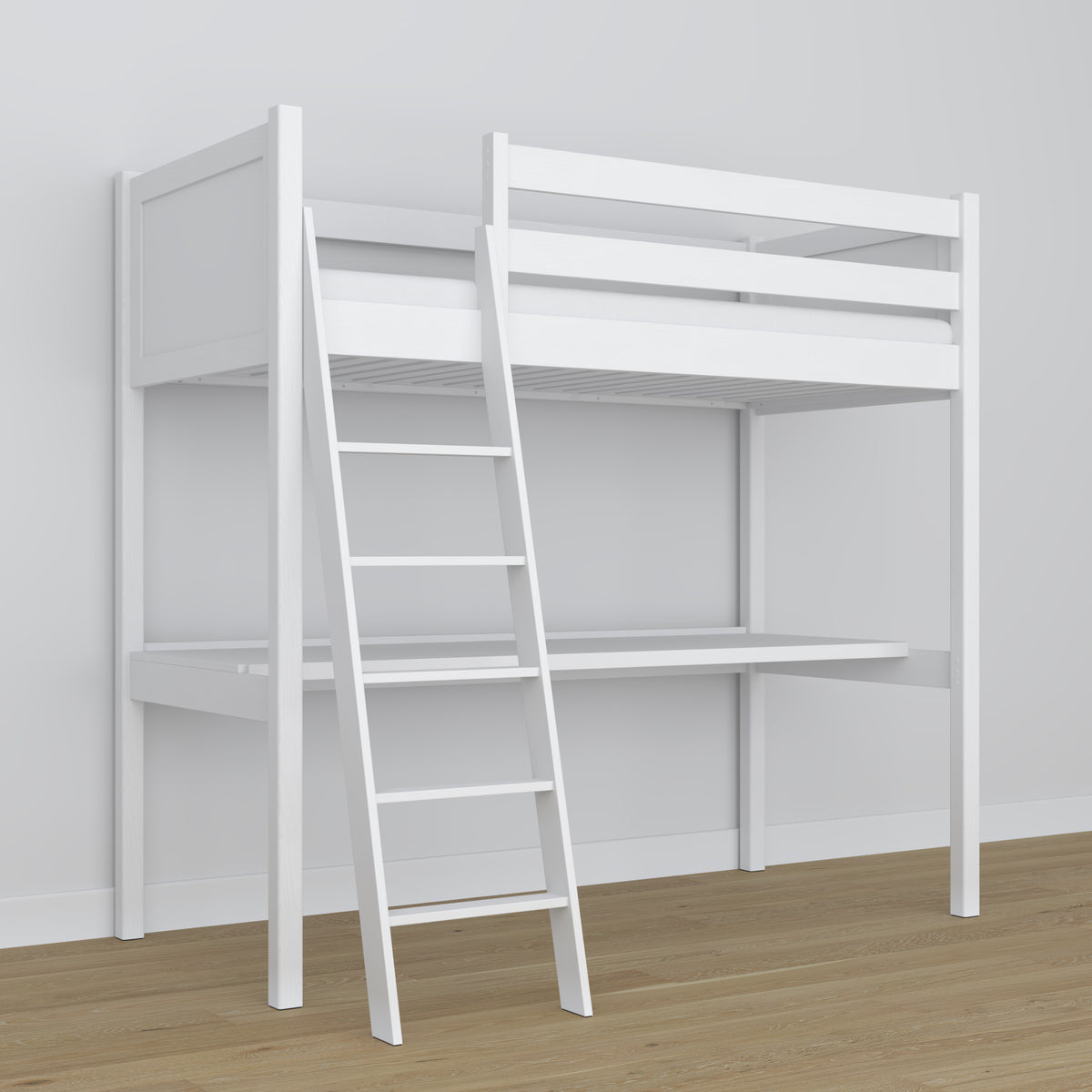 Lit mezzanine avec bureau en bois blanc – détails des assemblages et de l'échelle