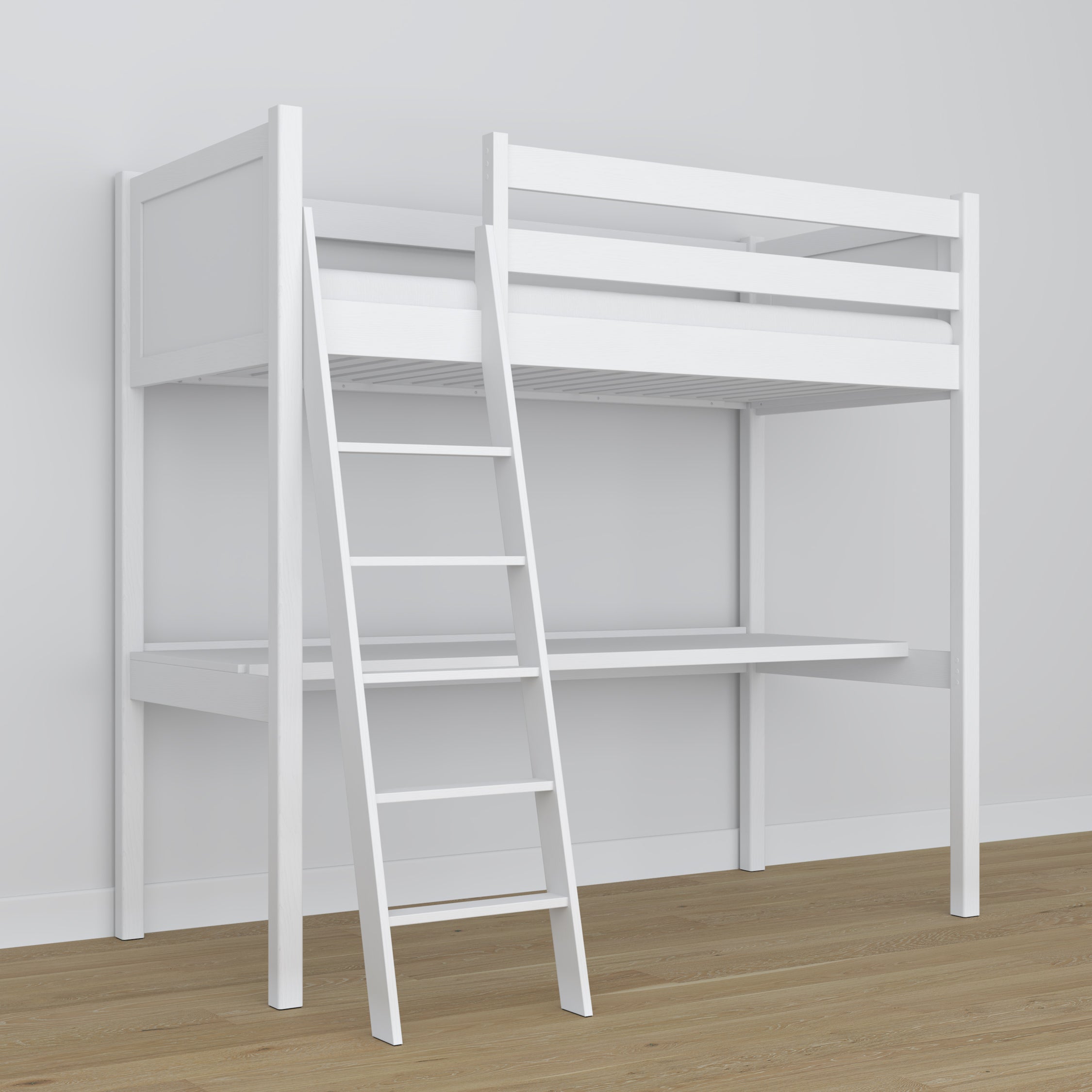Lit mezzanine avec bureau en bois blanc – détails des assemblages et de l'échelle