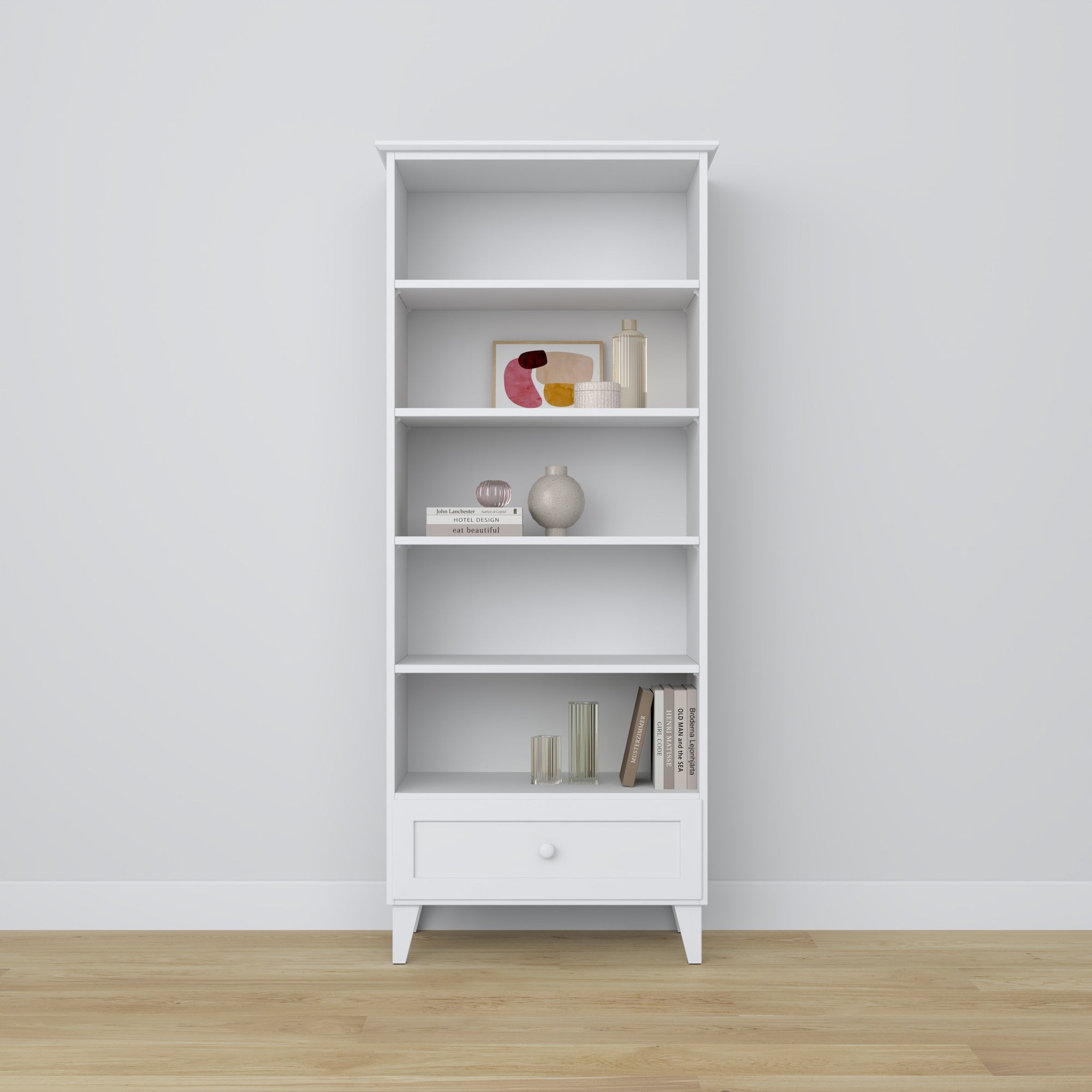 Bookcase with drawer wooden white 80 cm – living room and office, Scandinavian style