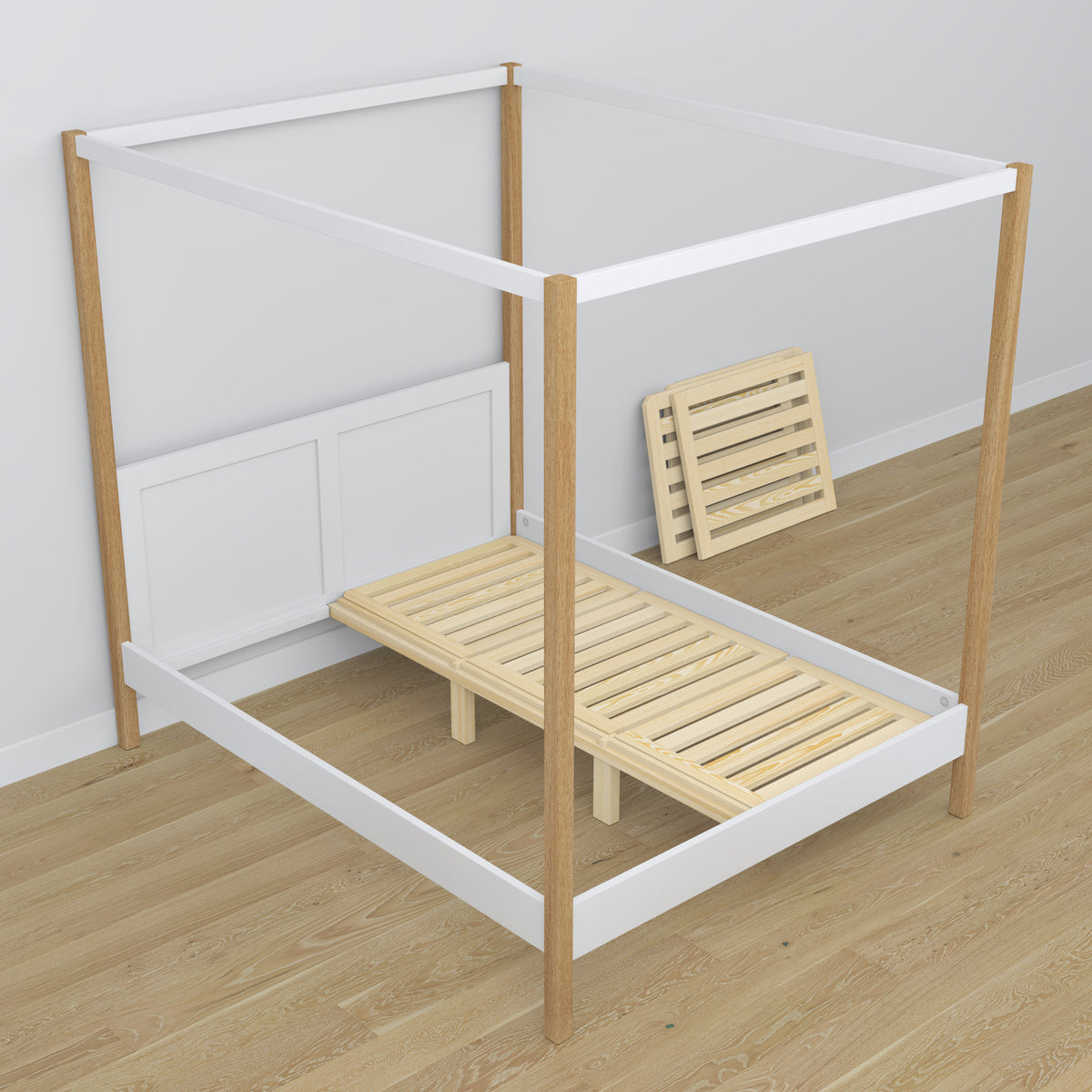 Bed met hemel wit-eiken van hout – zijaanzicht, scandi stijl