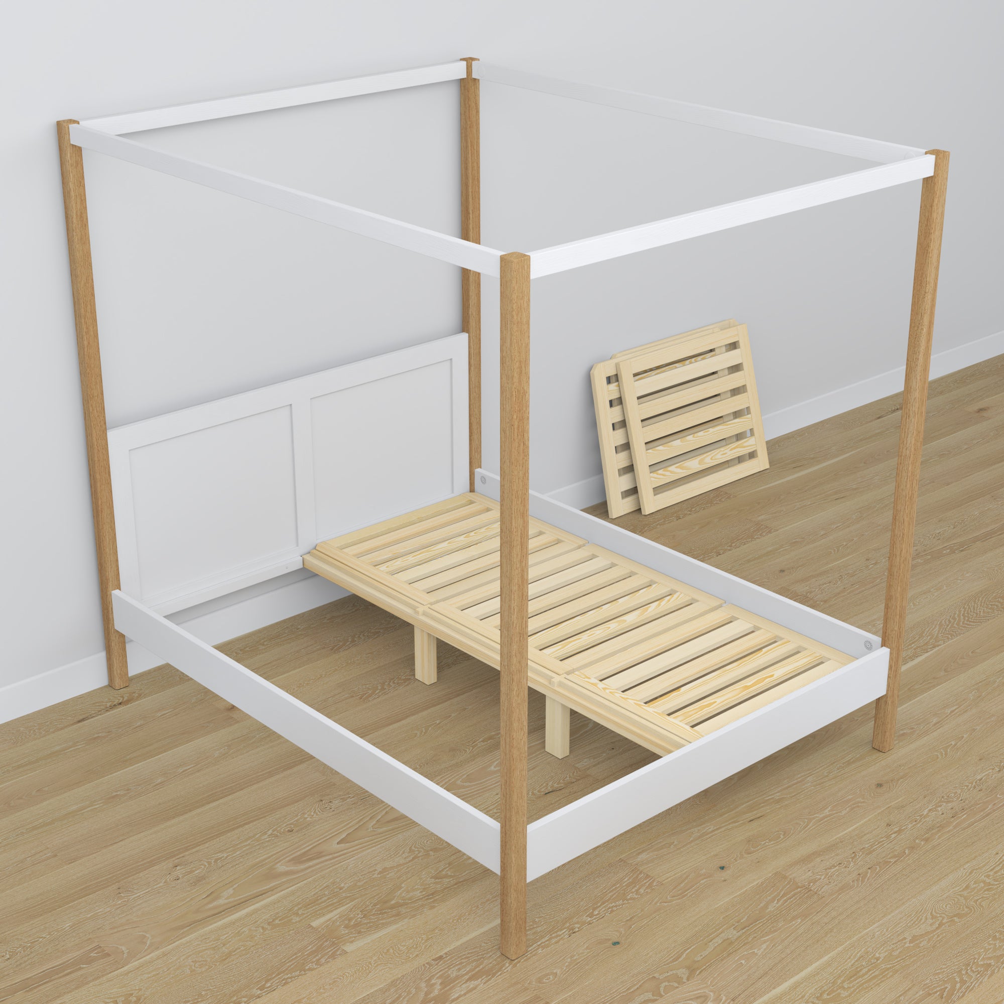 Bed met hemel wit-eiken van hout – zijaanzicht, scandi stijl