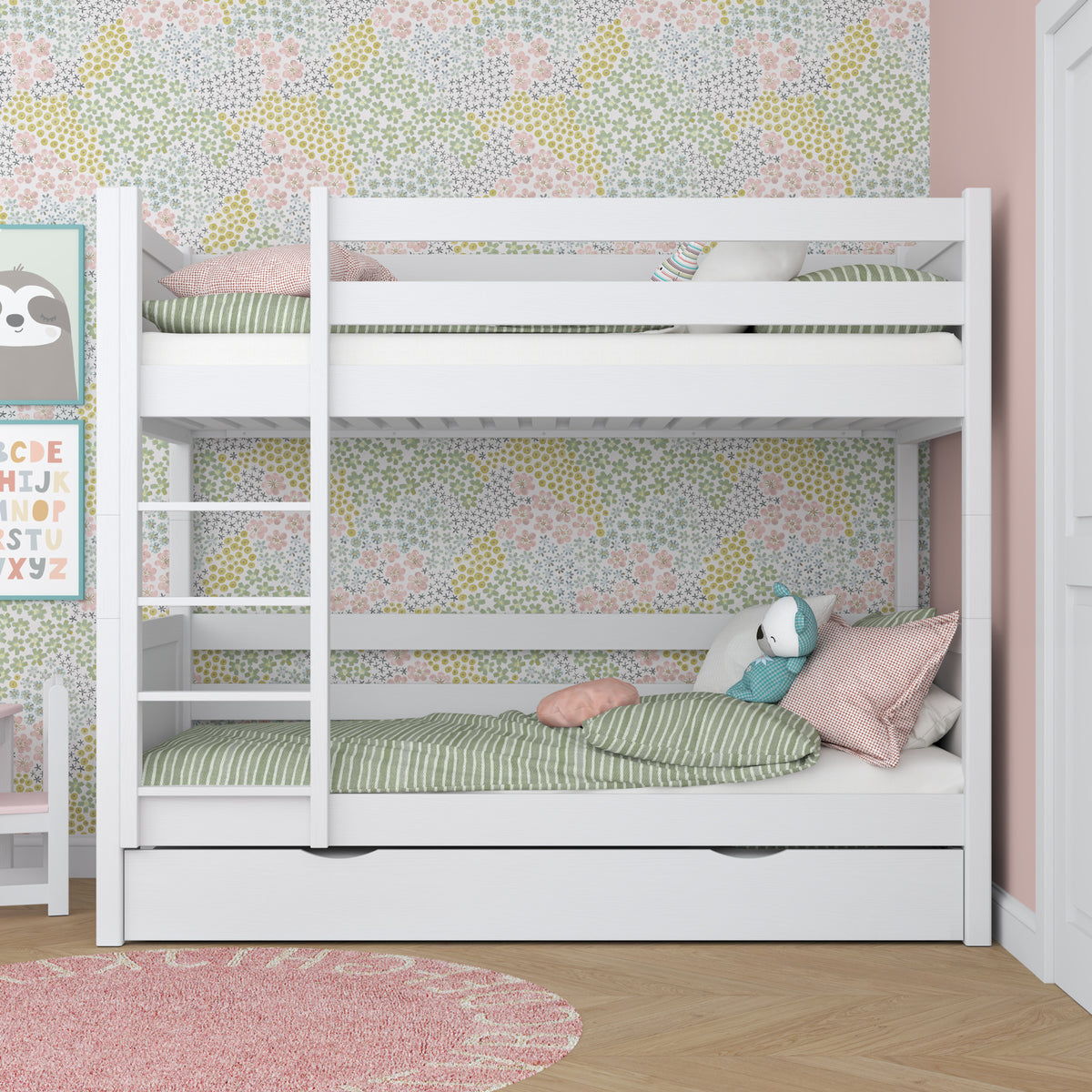 White Bunk Bed with Drawer – Wooden Safety Rail and Ladder, Nizio