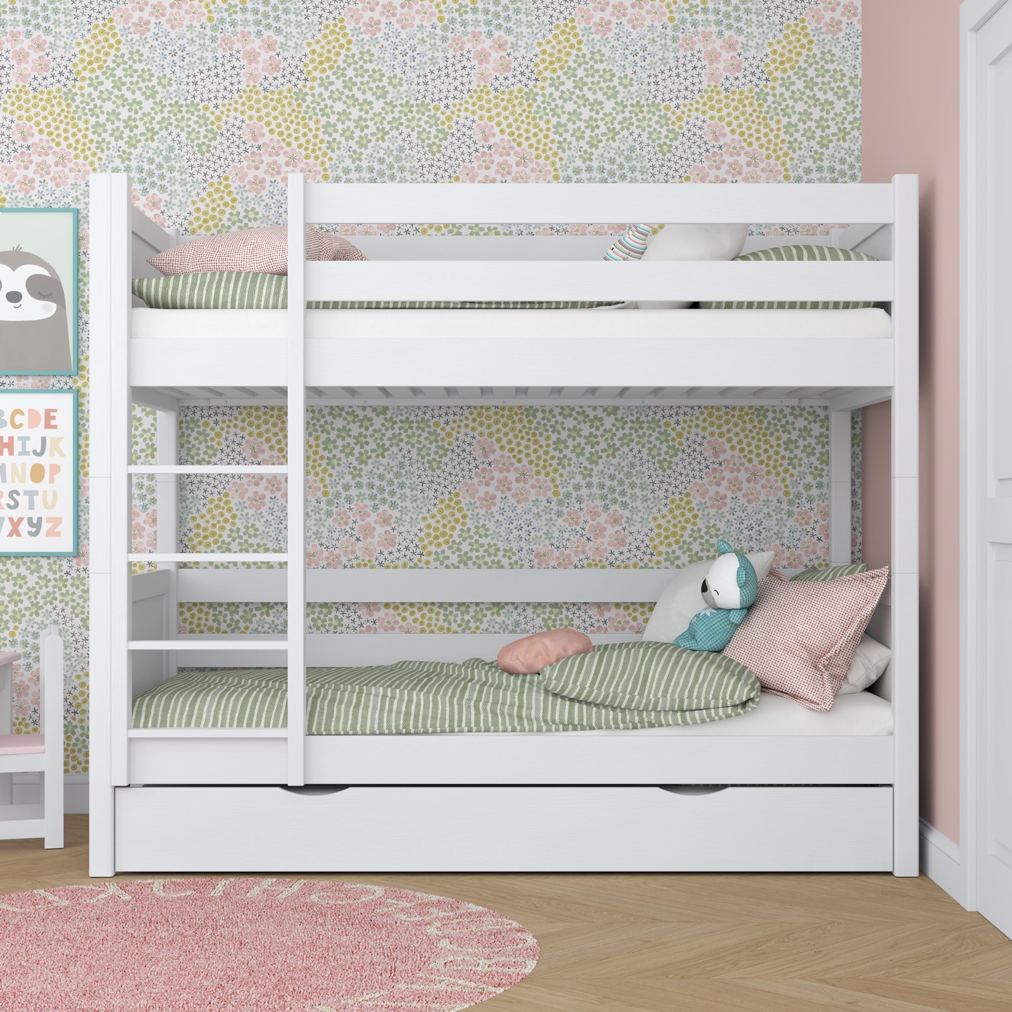 White Bunk Bed with Drawer – Wooden Safety Rail and Ladder, Nizio