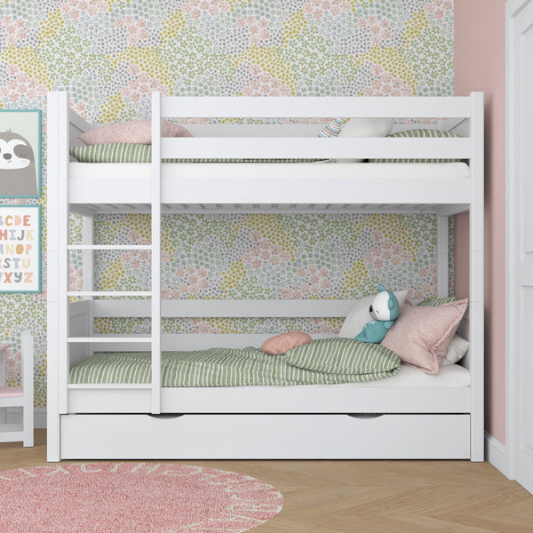 Lit superposé blanc z tiroir – barrière i échelle en bois, Nizio