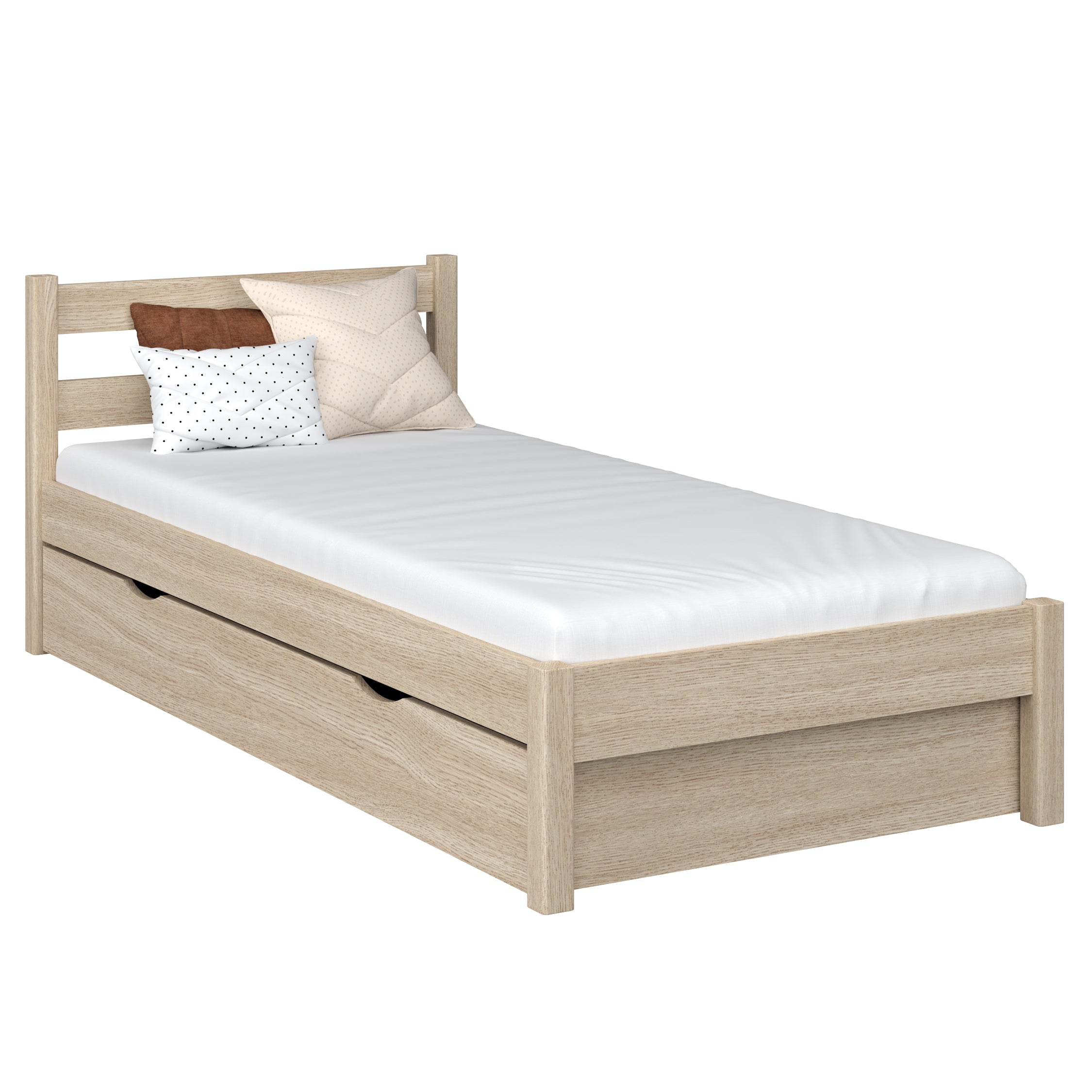 Bed met lade eiken gewit eiken – lade open, binnenkant opbergruimte