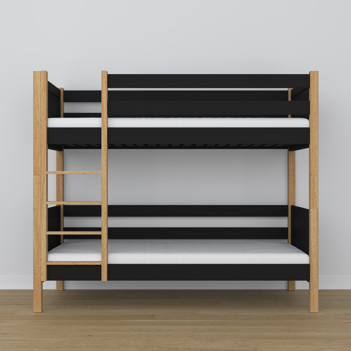 Stapelbed zwart-eiken – ladder en veiligheidsbeugel houten, Nizio Home