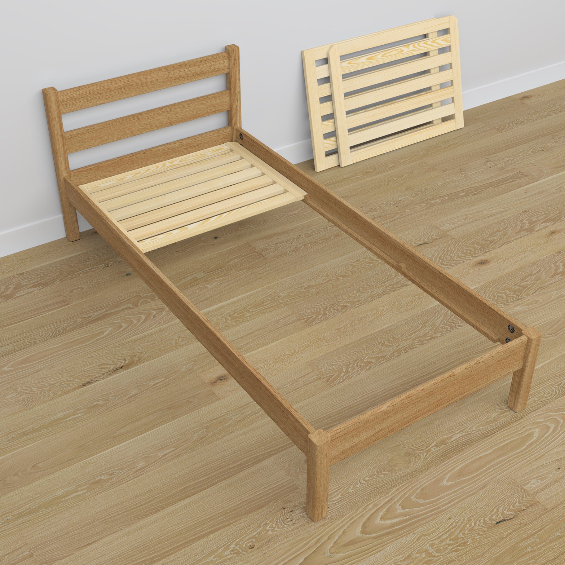 Lit simple en chêne chêne naturel – vue en biais, chambre d'enfant scandinave