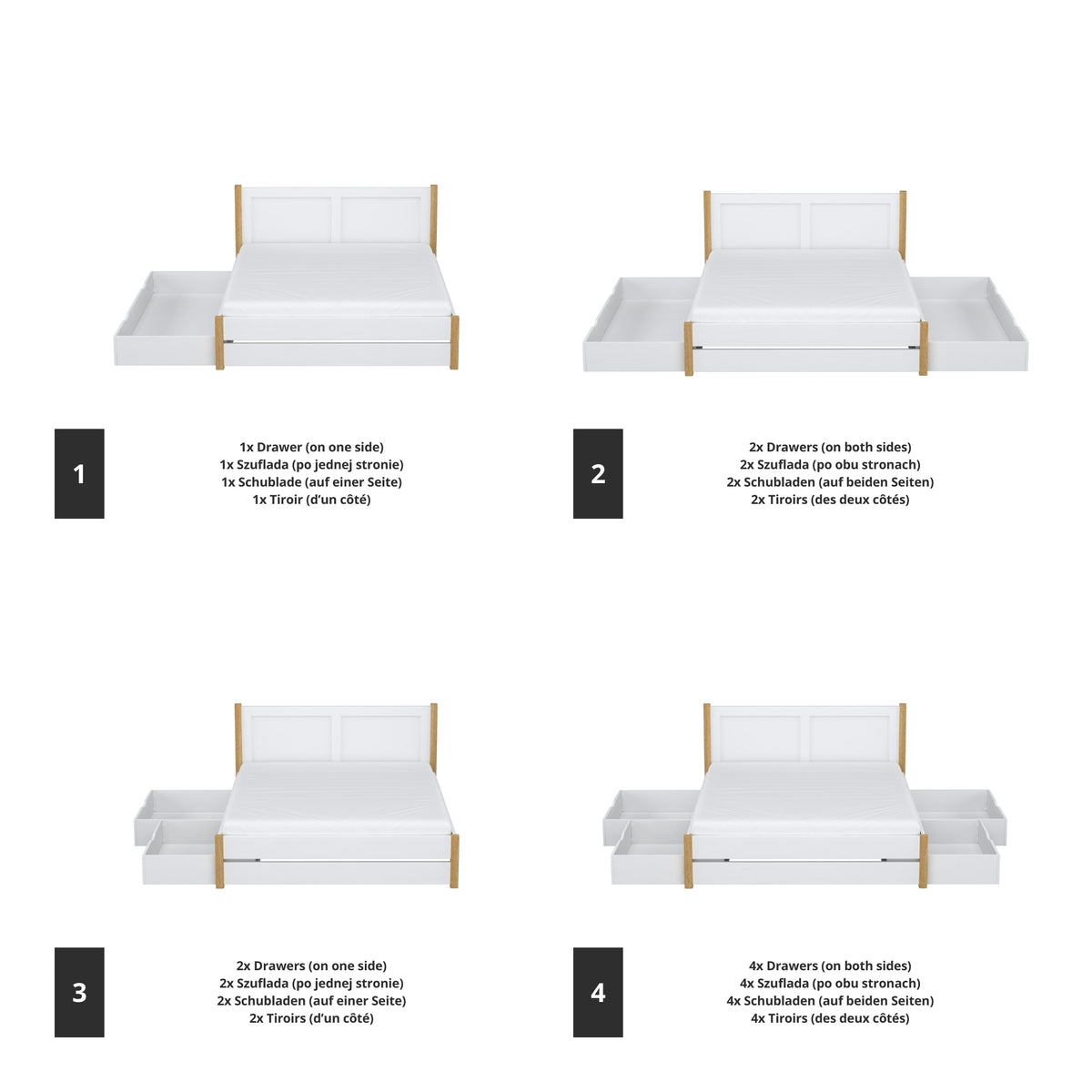 Tweepersoonsbed wit met eiken met lade in slaapkamer – Scandinavische inrichting