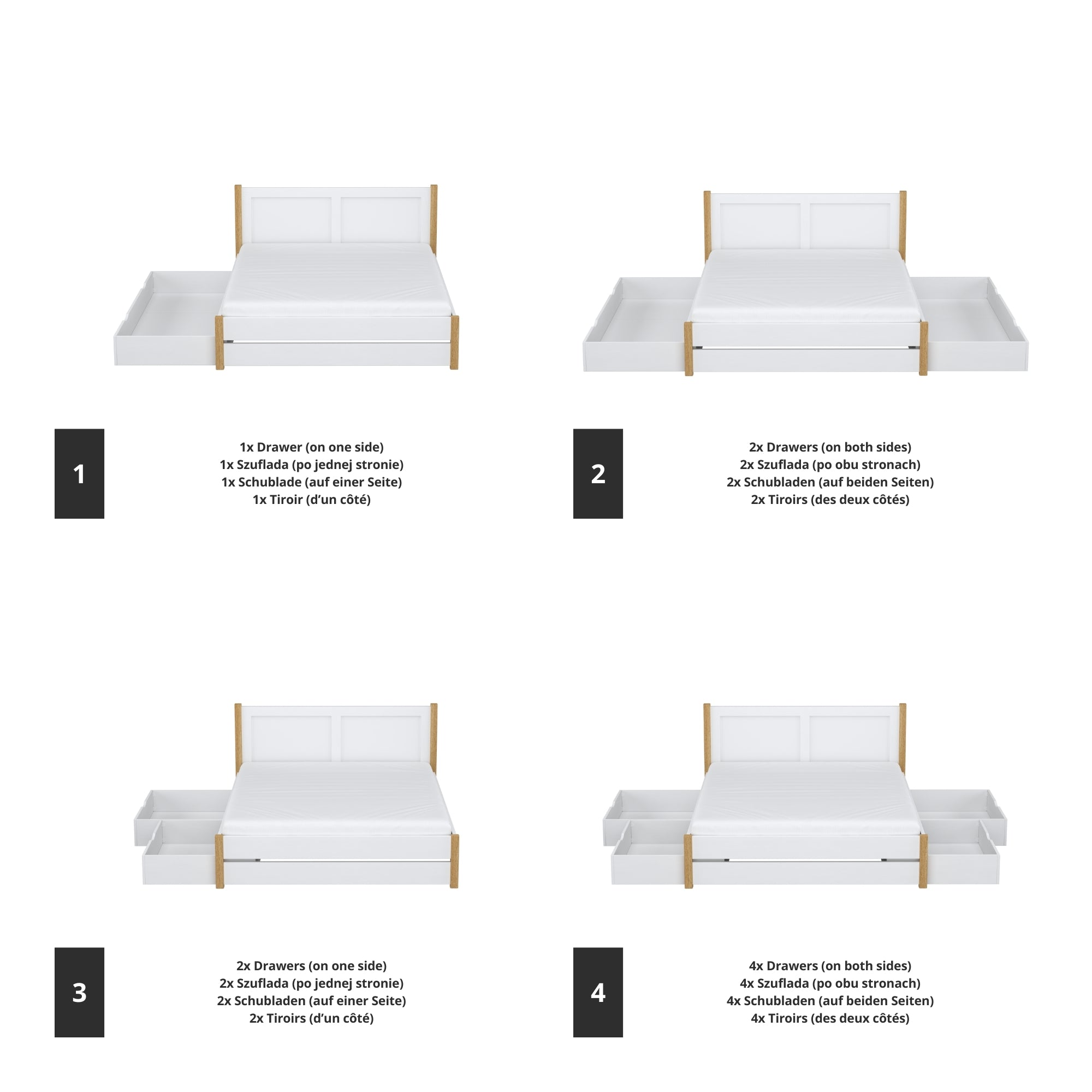 Tweepersoonsbed wit met eiken met lade in slaapkamer – Scandinavische inrichting