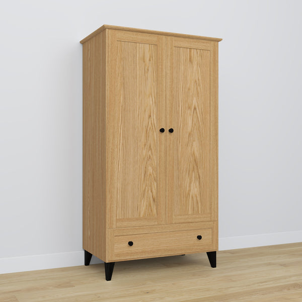 Wardrobe 2D1S oak natural oak with black – open doors, hanging rail and internal shelves