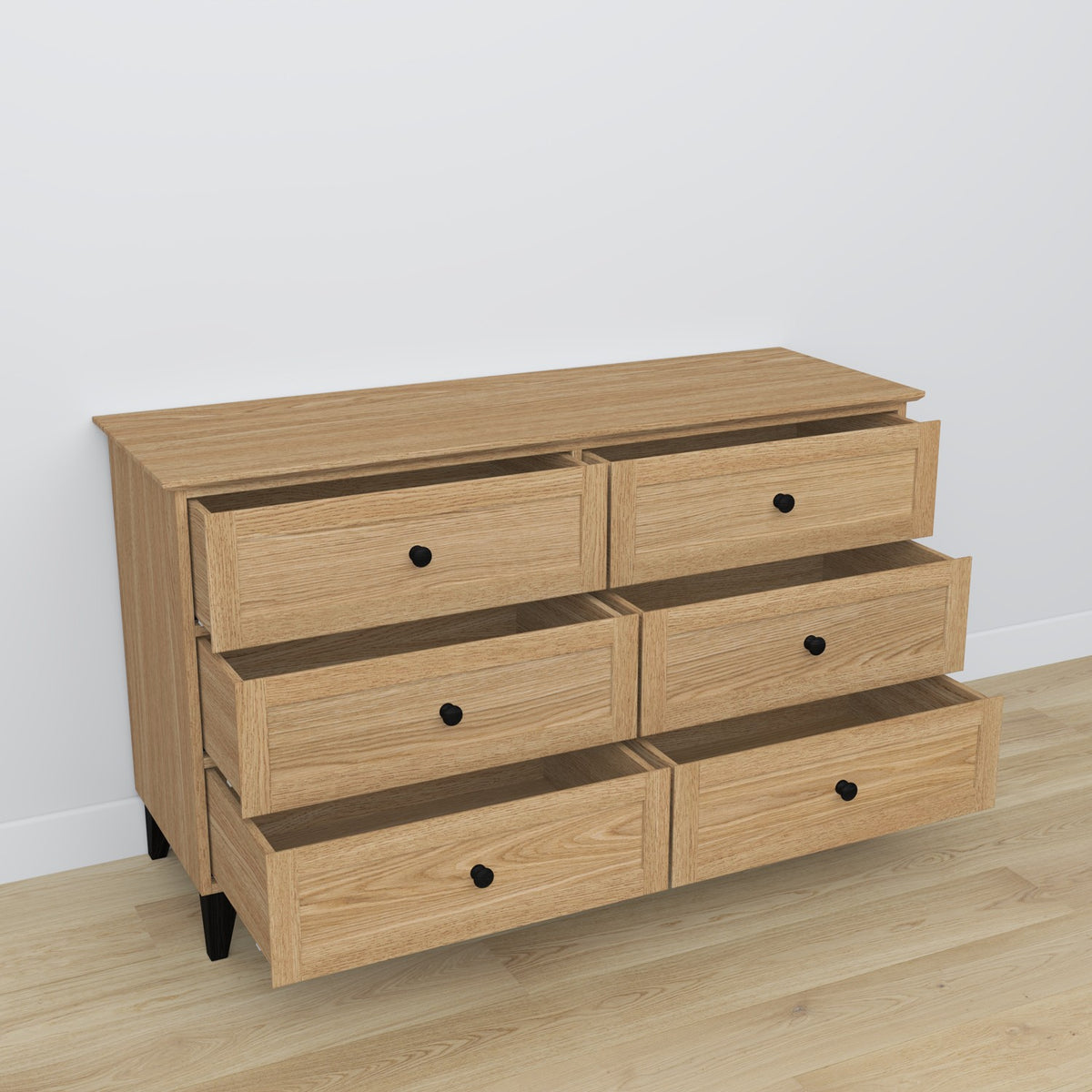 Commode 6S eiken naturel eiken met zwart – laden open, ruime bergruimte