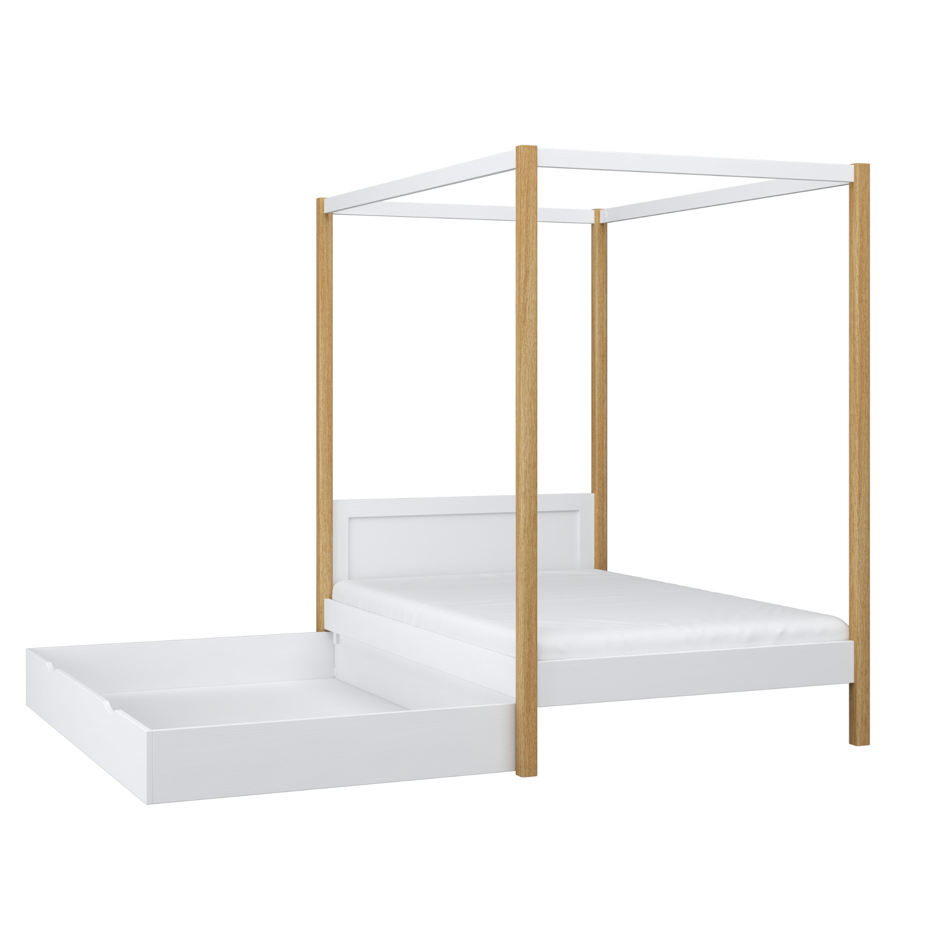 Bed wit-eiken met hemel en lade – zijaanzicht, houten