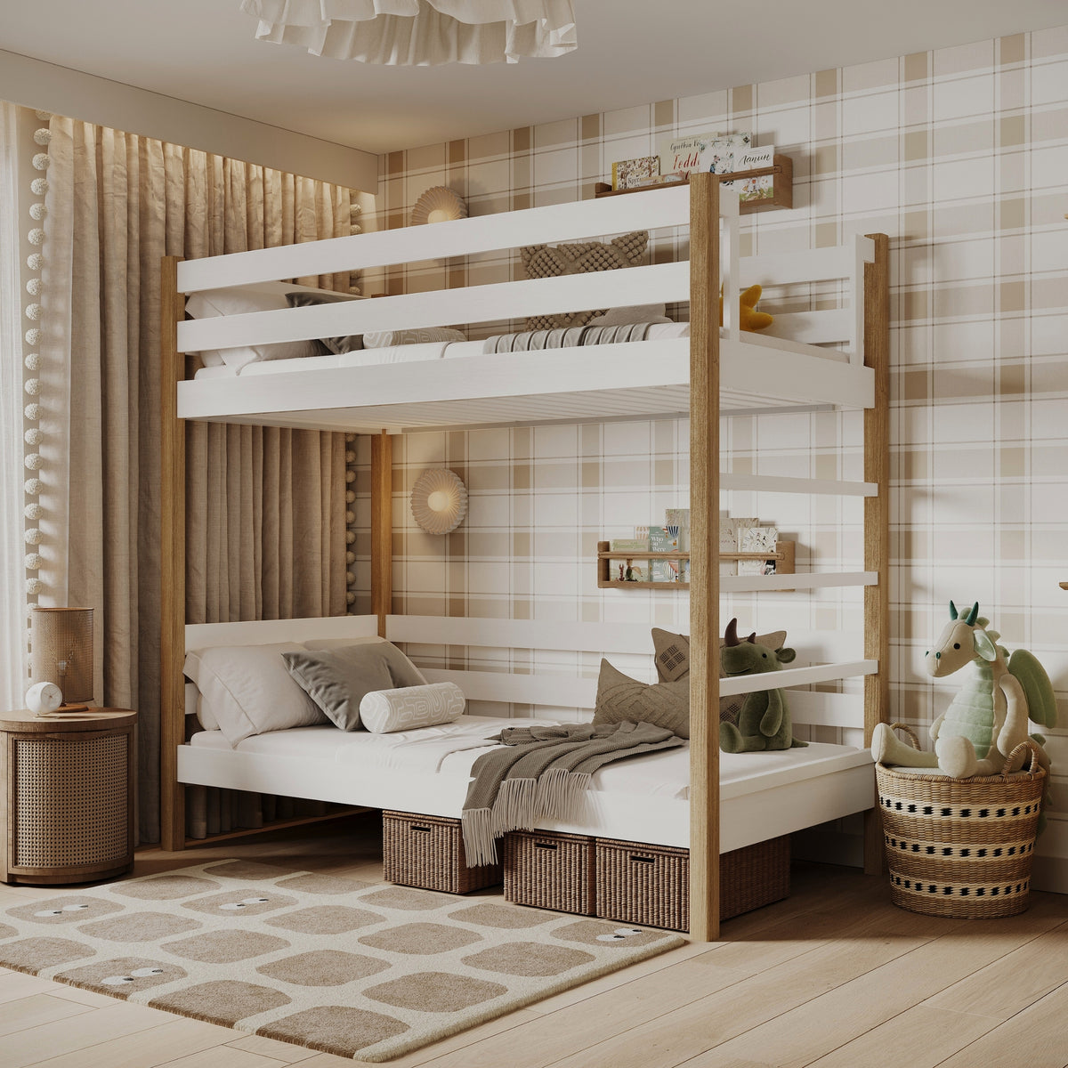 Stapelbed wit-eiken – houten ladder en valbescherming, Nizio Home