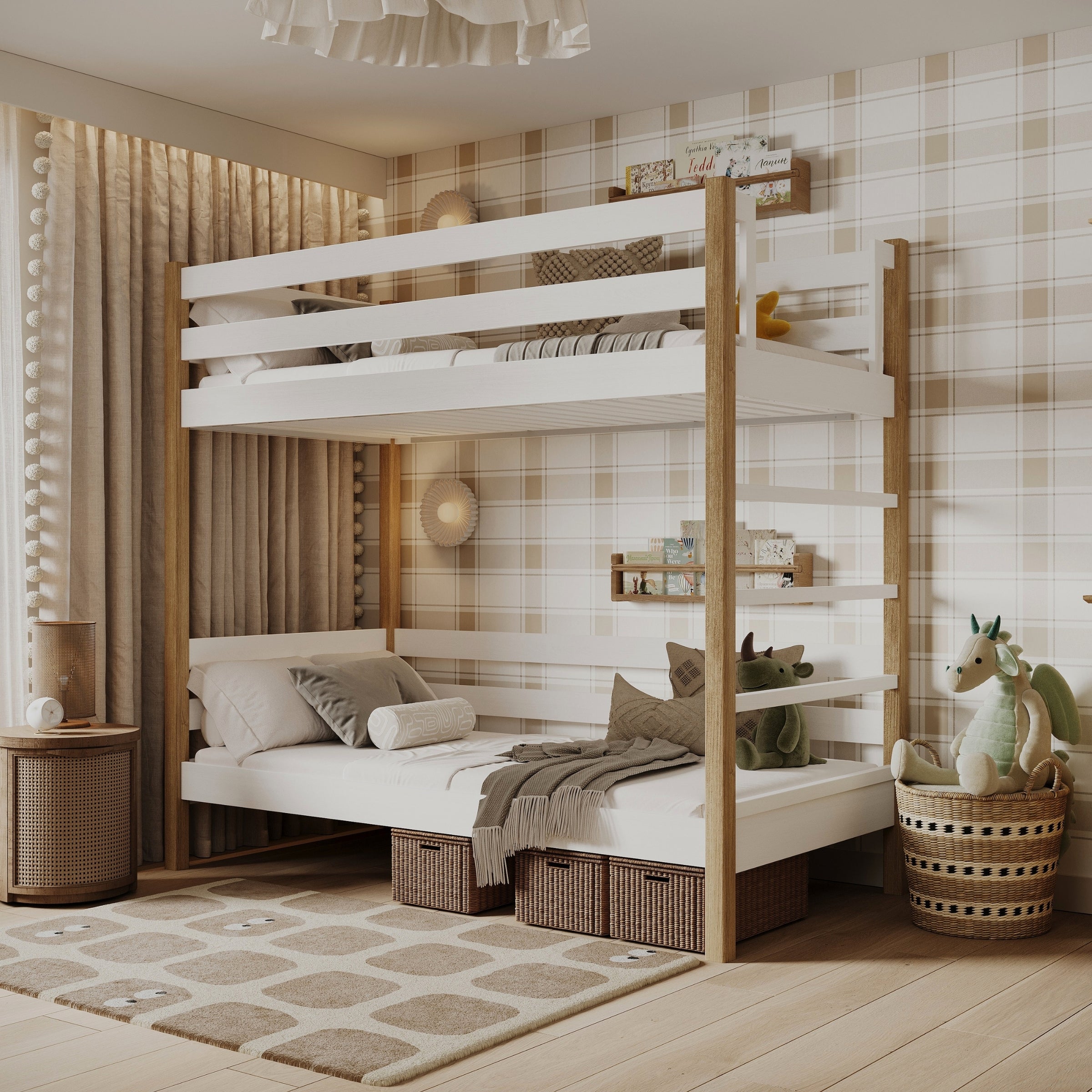 Stapelbed wit-eiken – houten ladder en valbescherming, Nizio Home
