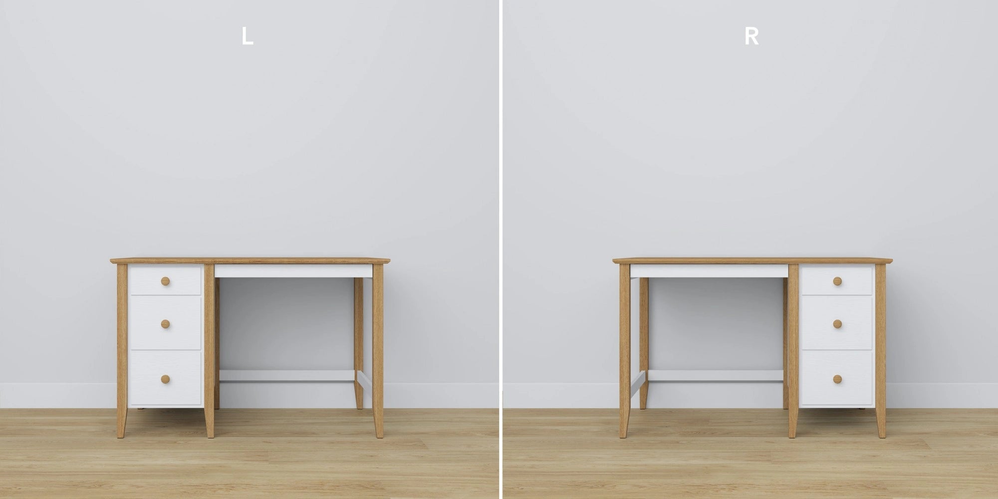 Desk 3S wooden white with oak – open drawers, document storage compartments