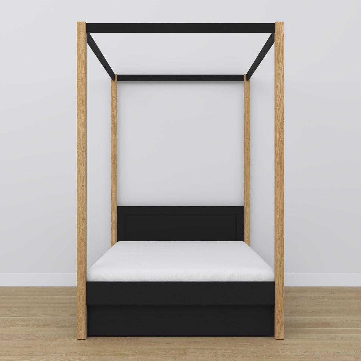 Bed zwart-eiken met hemel – lade open, houten, Nizio Home