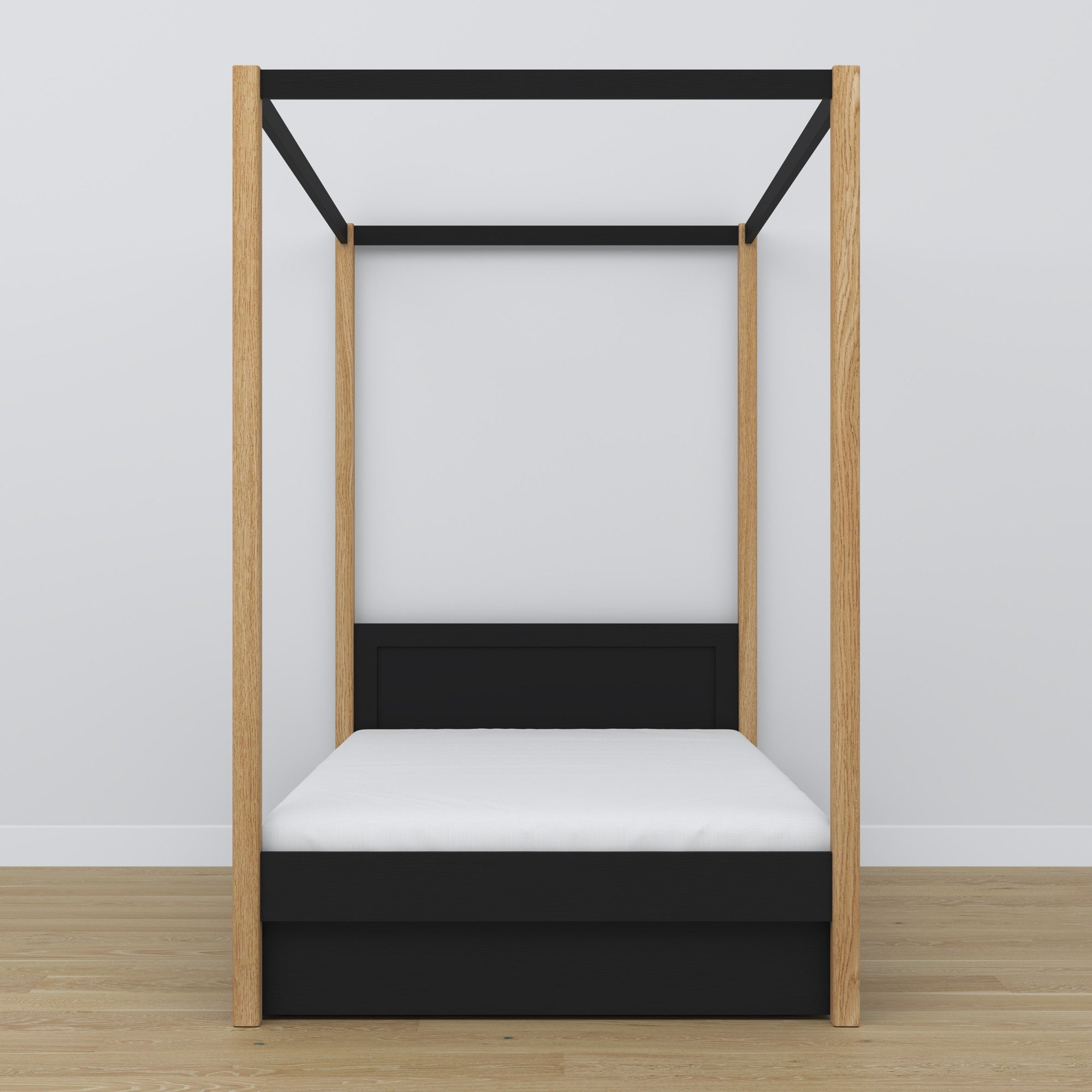 Bed zwart-eiken met hemel – lade open, houten, Nizio Home