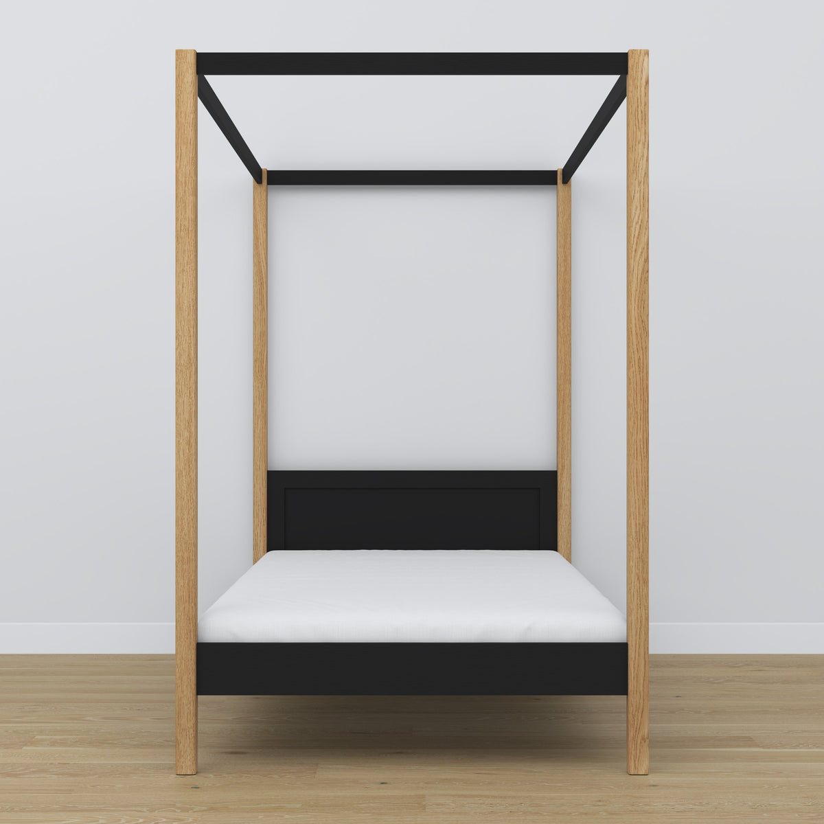Hemelbed houten zwart-eiken – close-up van hemel en hoofdbord