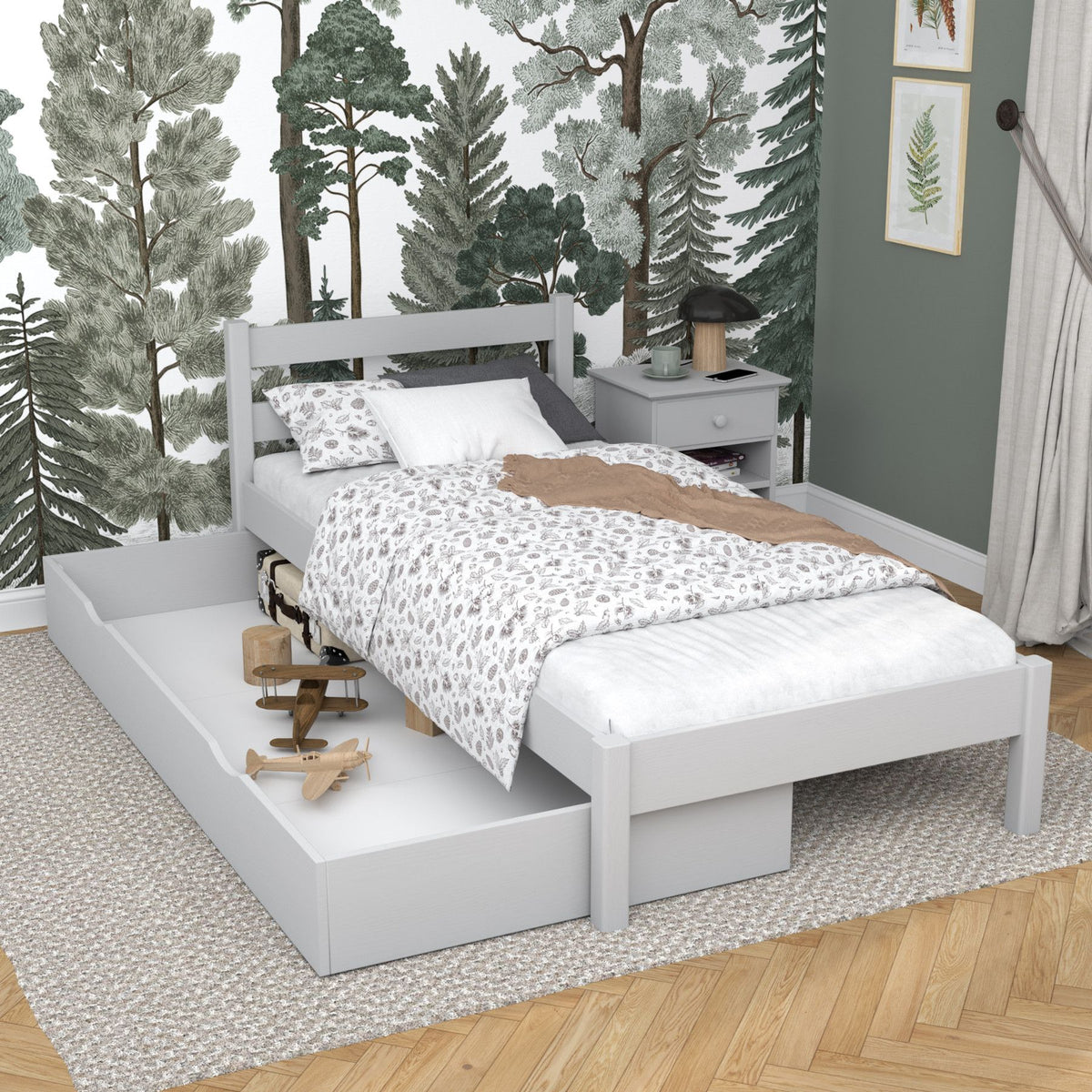 Lit simple avec tiroir en bois gris – chambre d'enfant, style scandinave