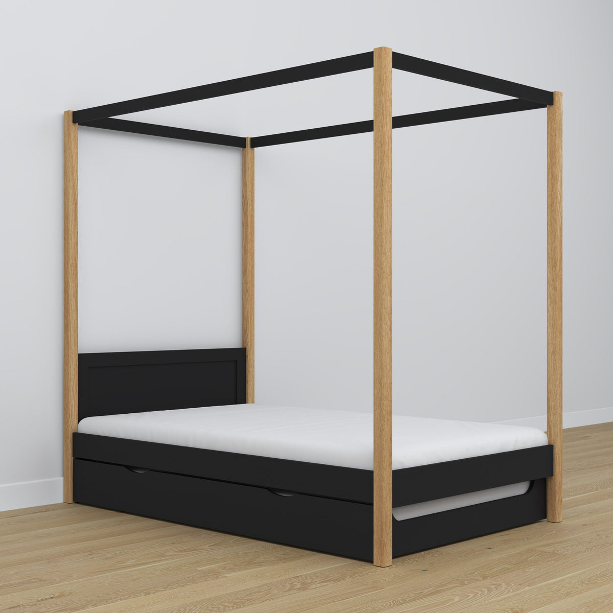 Bed zwart-eiken met hemel – lade voor extra matras, houten