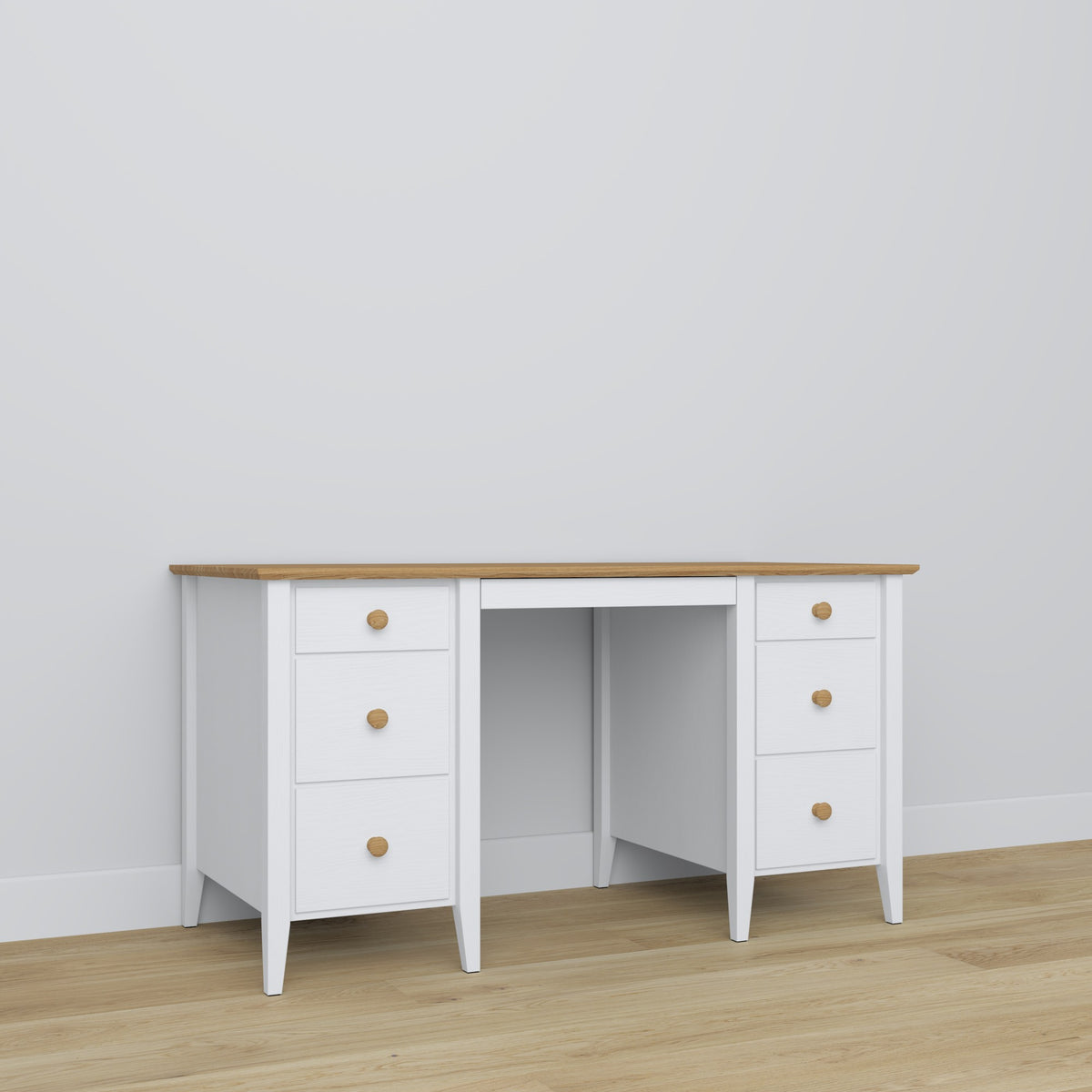 Desk 6S white with oak – wooden, wide tabletop, front view, Nizio