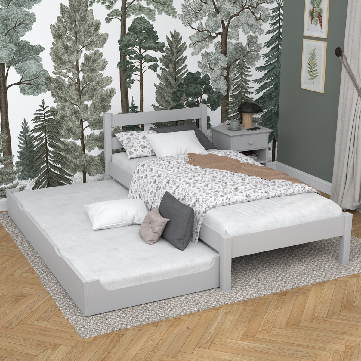 Wooden bed with mattress drawer grey – extended drawer, guest