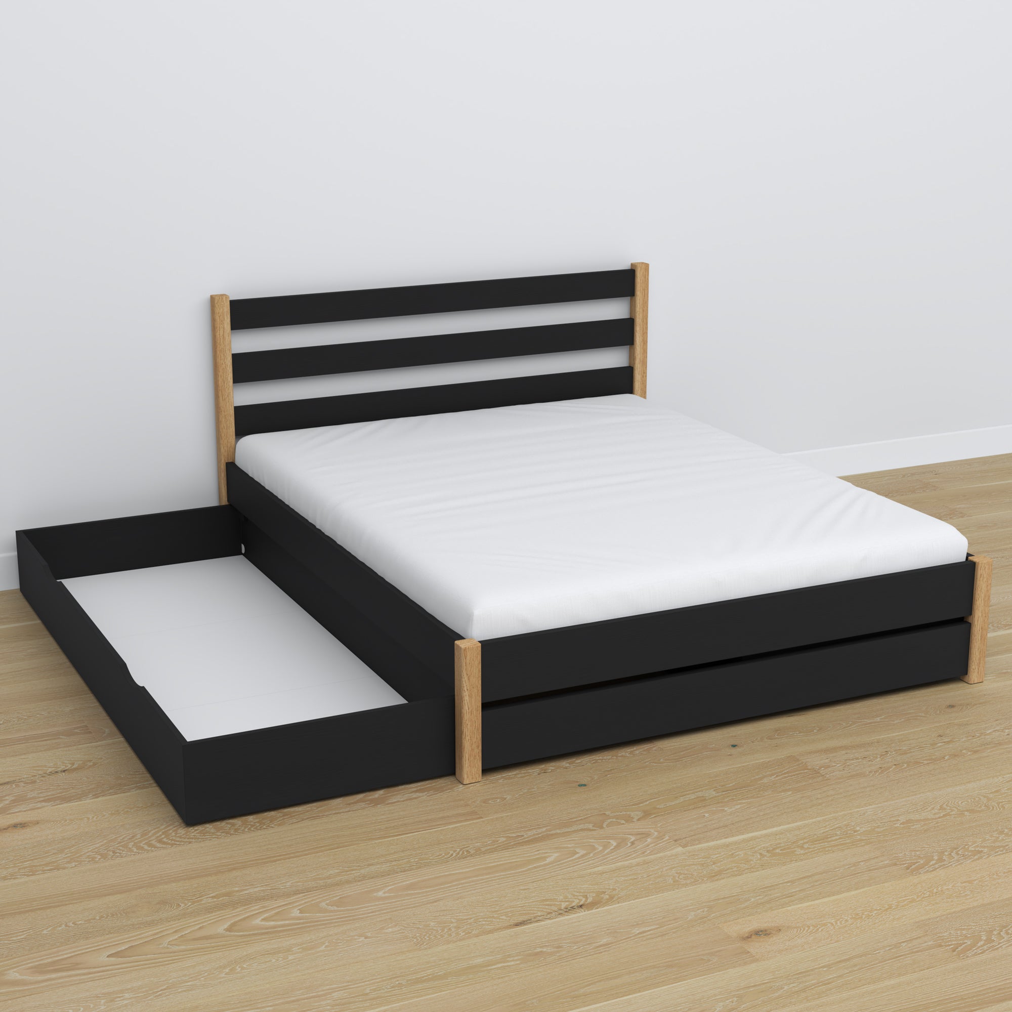 Tweepersoonsbed met lade houten zwart met eiken – lade open, ruim interieur