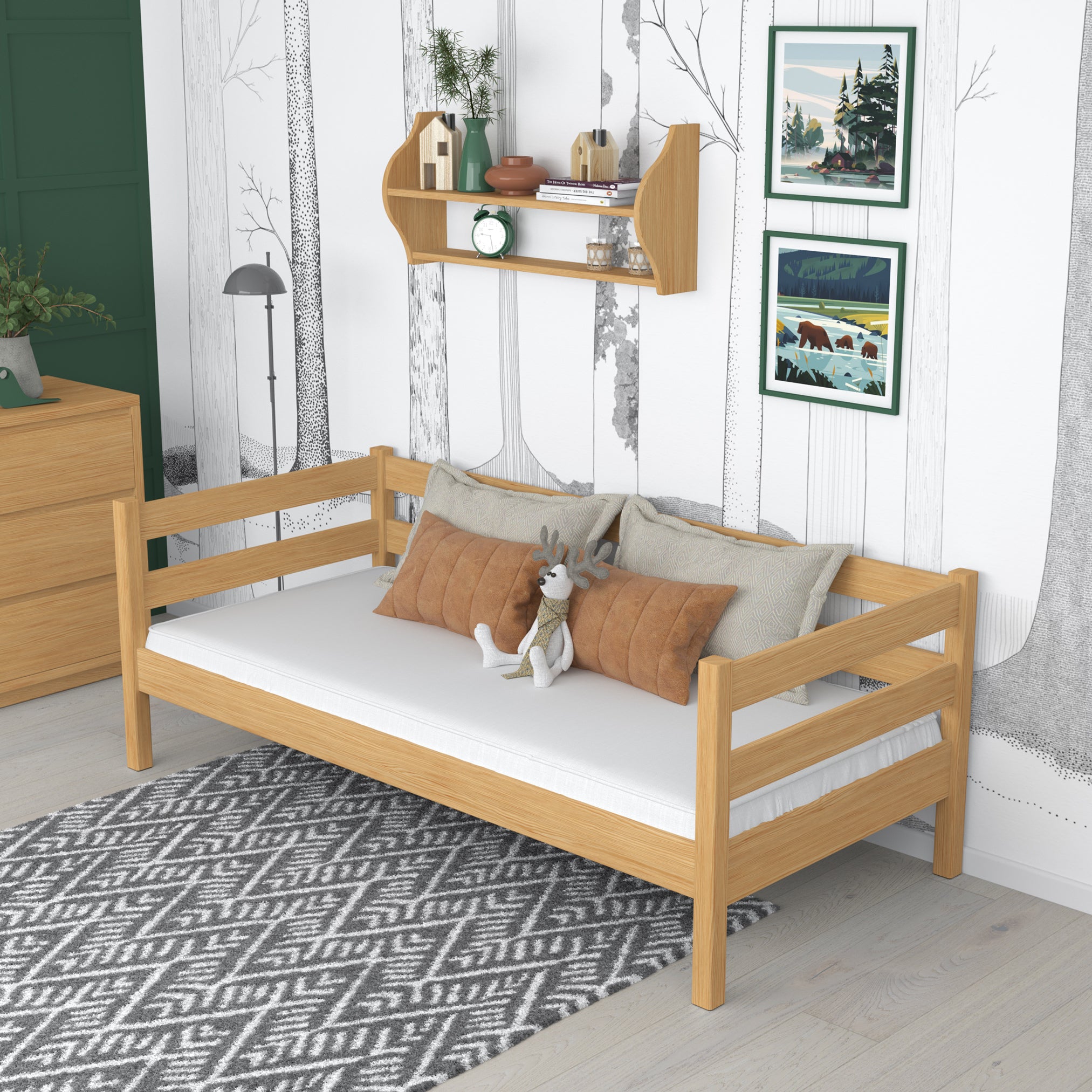 Houten slaapbank naturel grenen in kinderkamer – Scandinavische styling