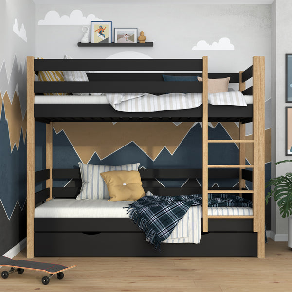 Lit superposé noir-chêne z tiroir – barrière i échelle en bois, Nizio