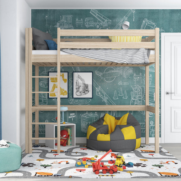 Dębowe łóżko na antresoli N05 dąb bielony – widok ogólny