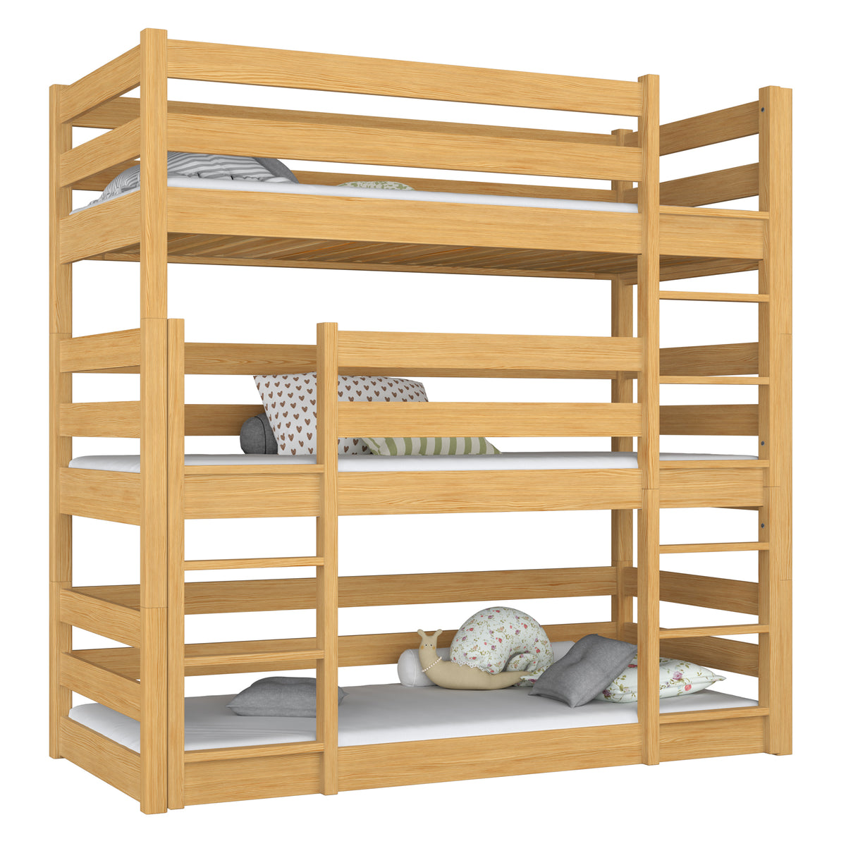 3-laags stapelbed houten naturel grenen – drie slaapplaatsen, kinderkamer scandi