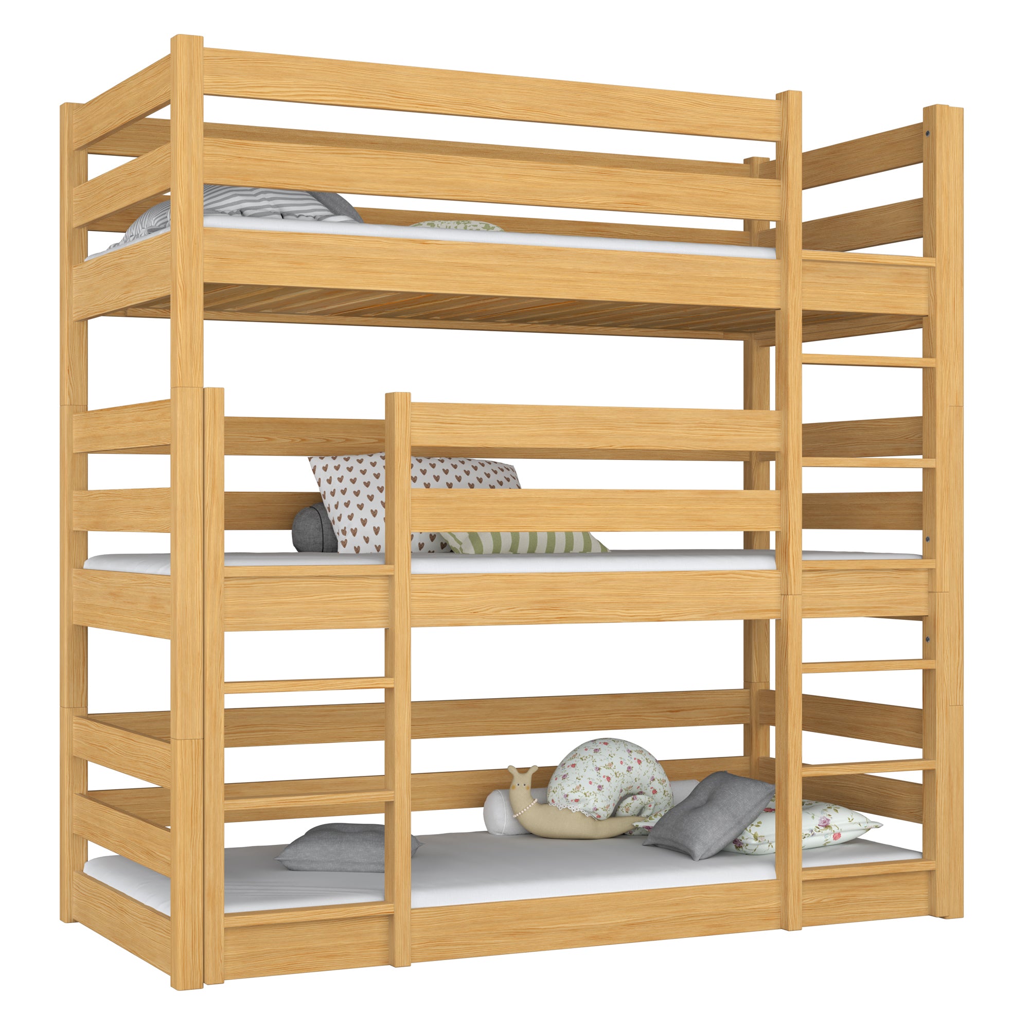 3-laags stapelbed houten naturel grenen – drie slaapplaatsen, kinderkamer scandi