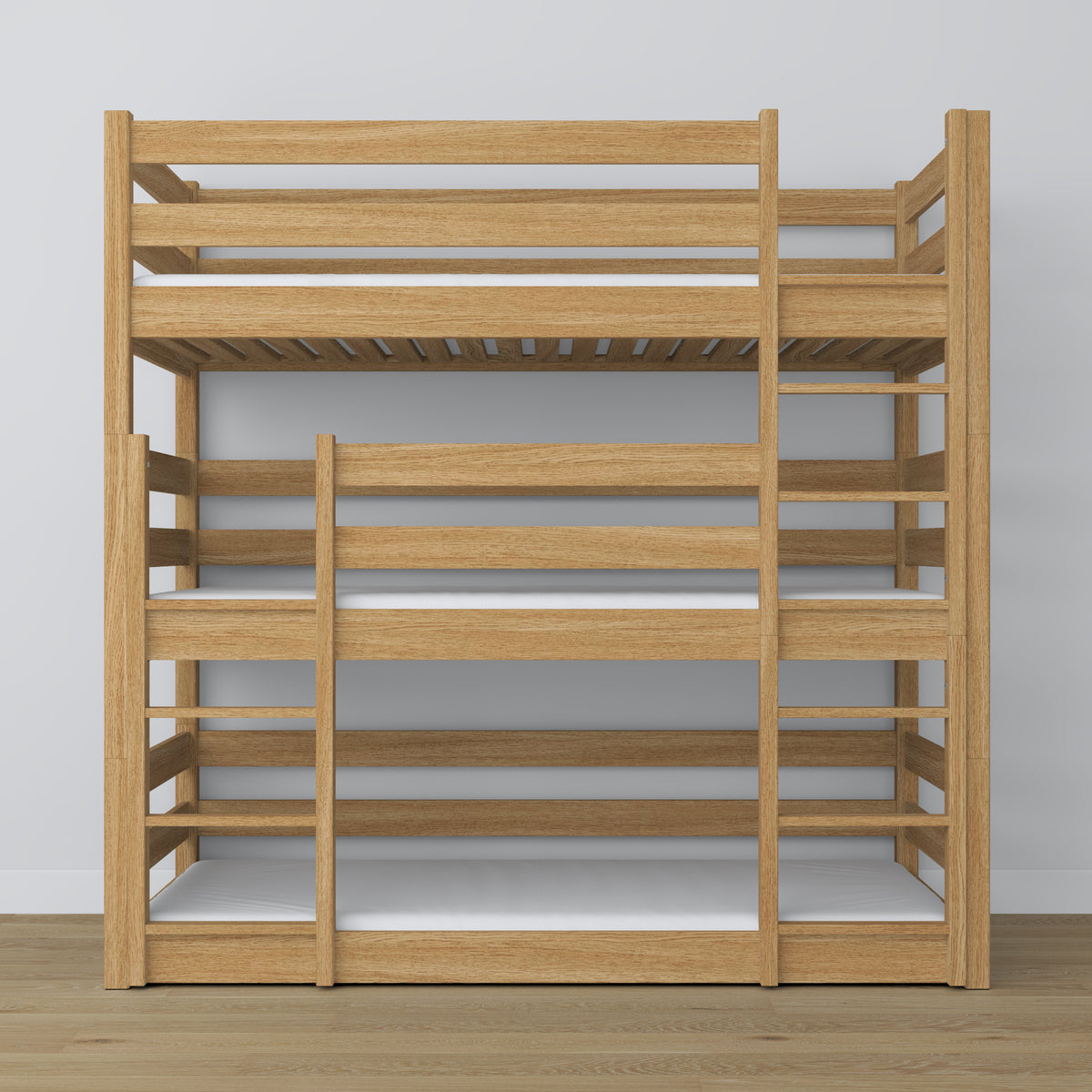 Drievoudig stapelbed naturel eiken – ladder en veiligheidsbedhekken, houten